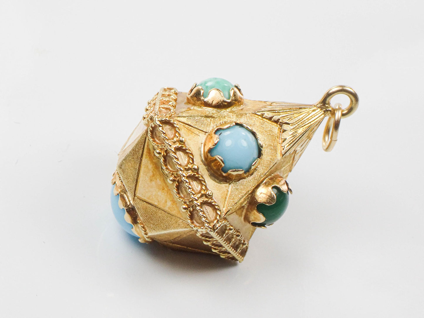 Vintage Large 18k Gold Turquoise and Colored Gemstone Charm Pendant, Italian Etruscan Revival Charm