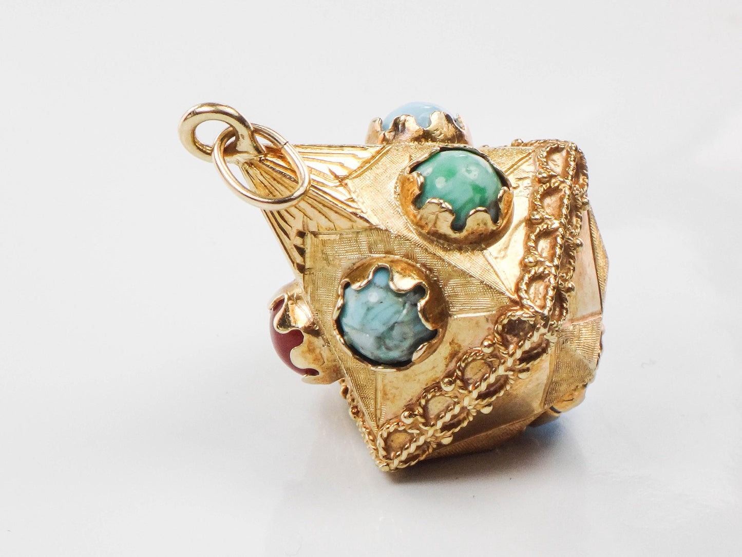 Vintage Large 18k Gold Turquoise and Colored Gemstone Charm Pendant, Italian Etruscan Revival Charm