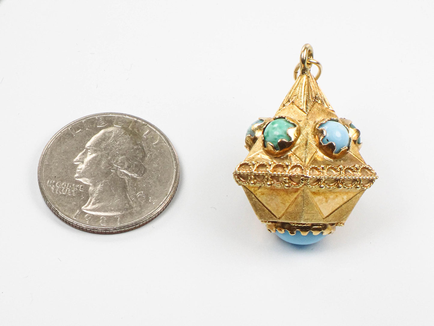 Vintage Large 18k Gold Turquoise and Colored Gemstone Charm Pendant, Italian Etruscan Revival Charm