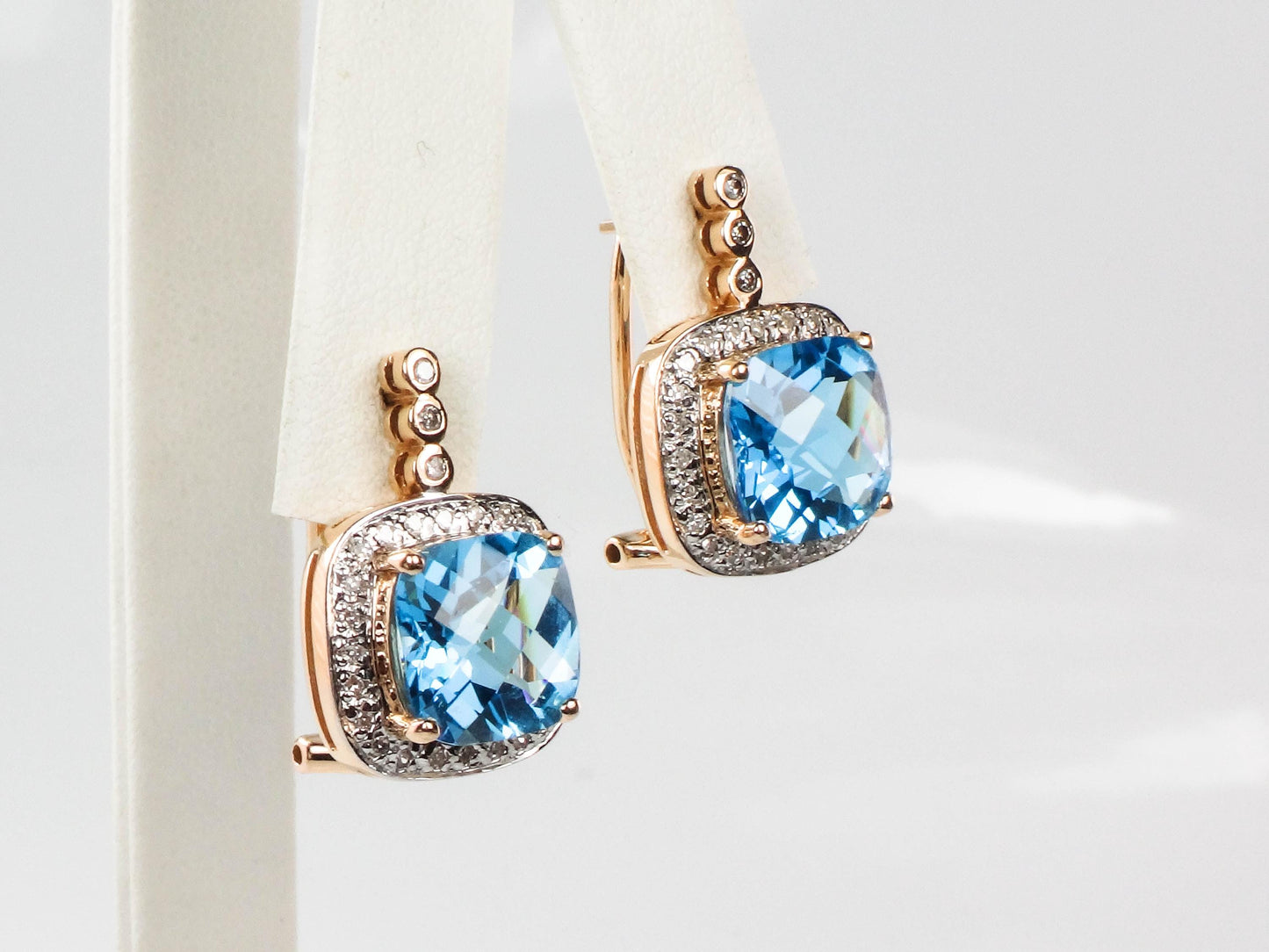 Vintage 14k Gold Blue Topaz and Diamond Halo Earrings with Omega Backs