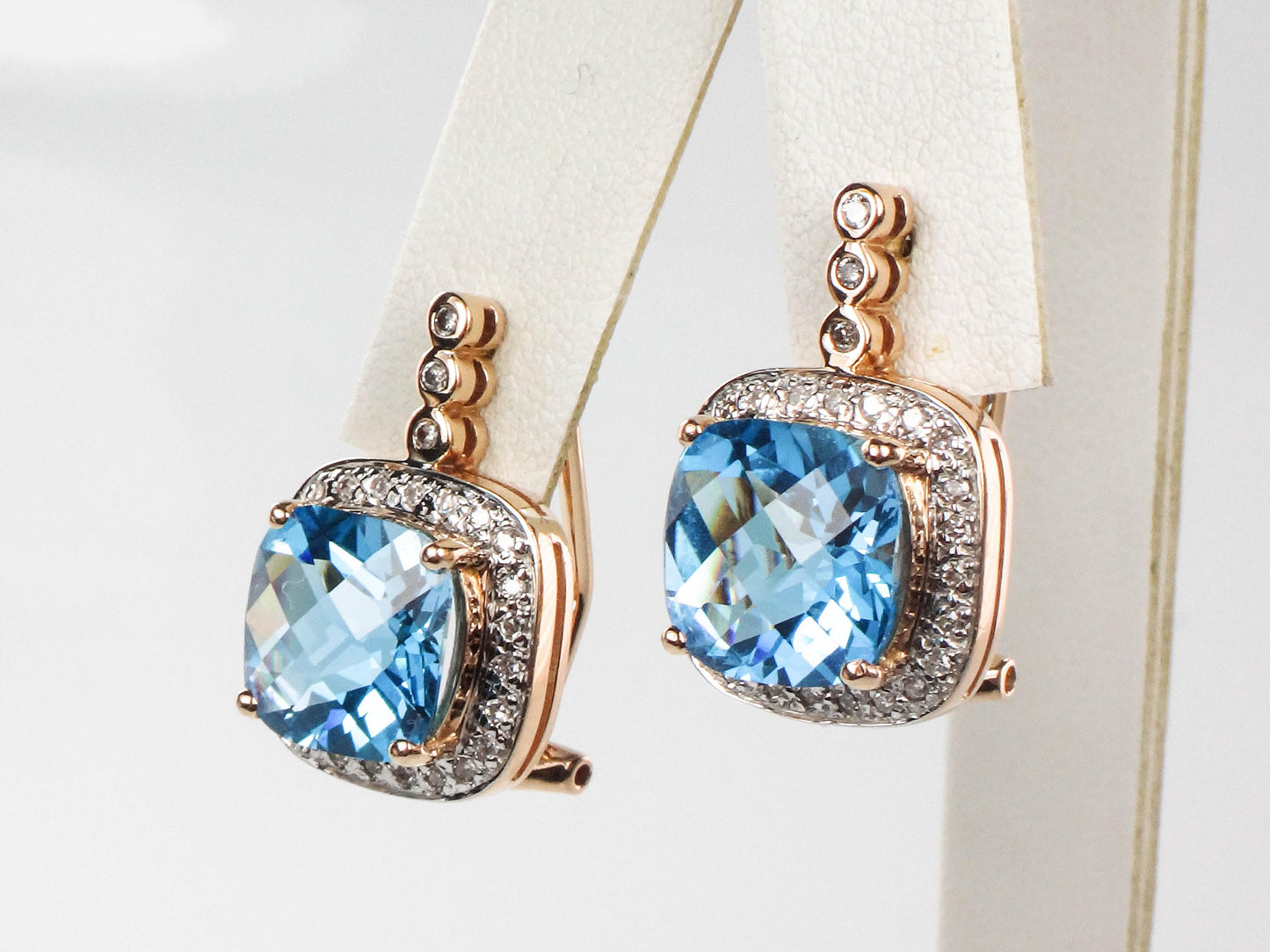 Vintage 14k Gold Blue Topaz and Diamond Halo Earrings with Omega Backs