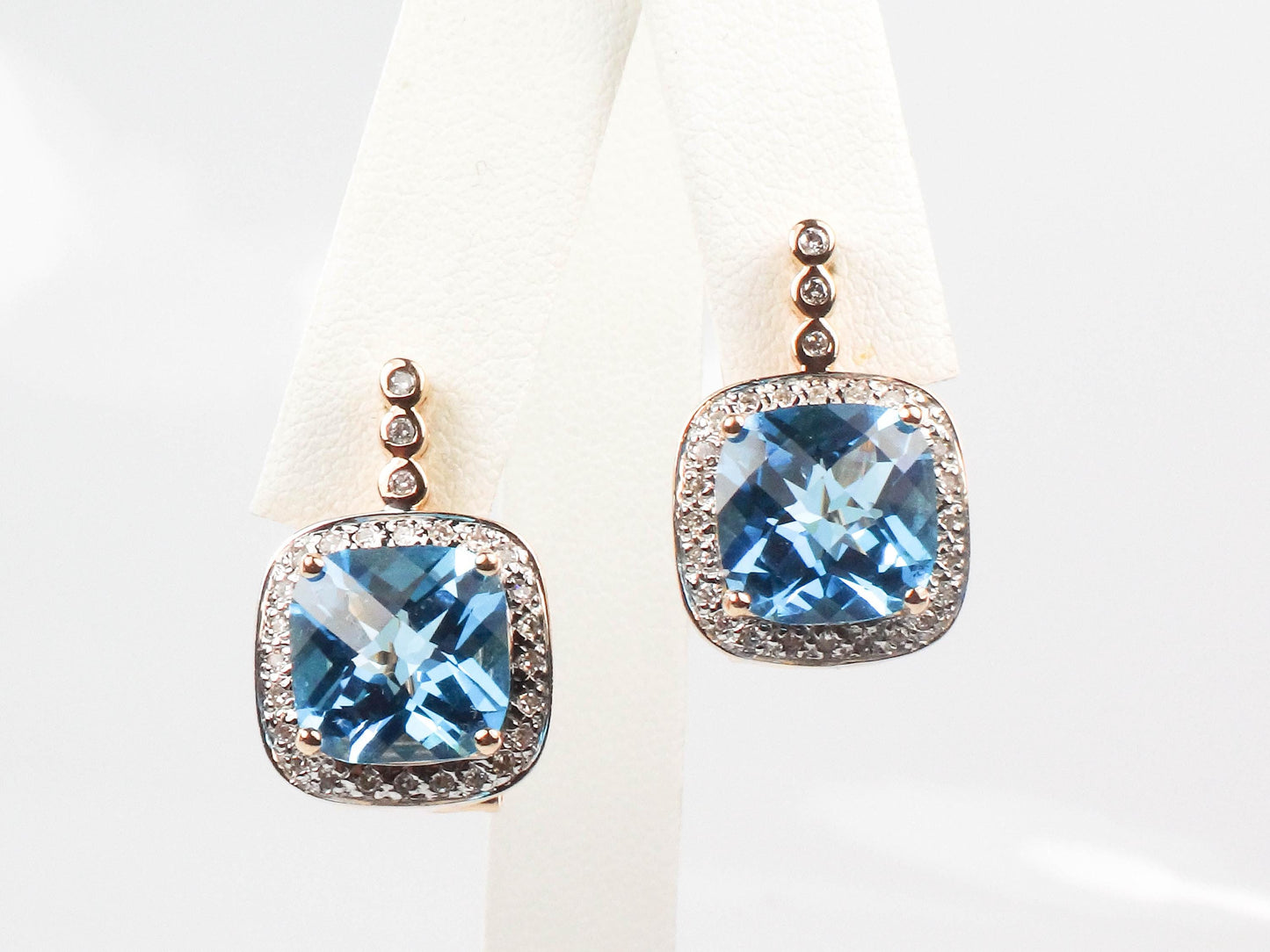 Vintage 14k Gold Blue Topaz and Diamond Halo Earrings with Omega Backs