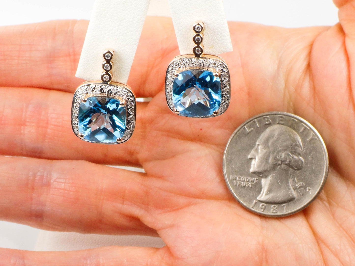 Vintage 14k Gold Blue Topaz and Diamond Halo Earrings with Omega Backs