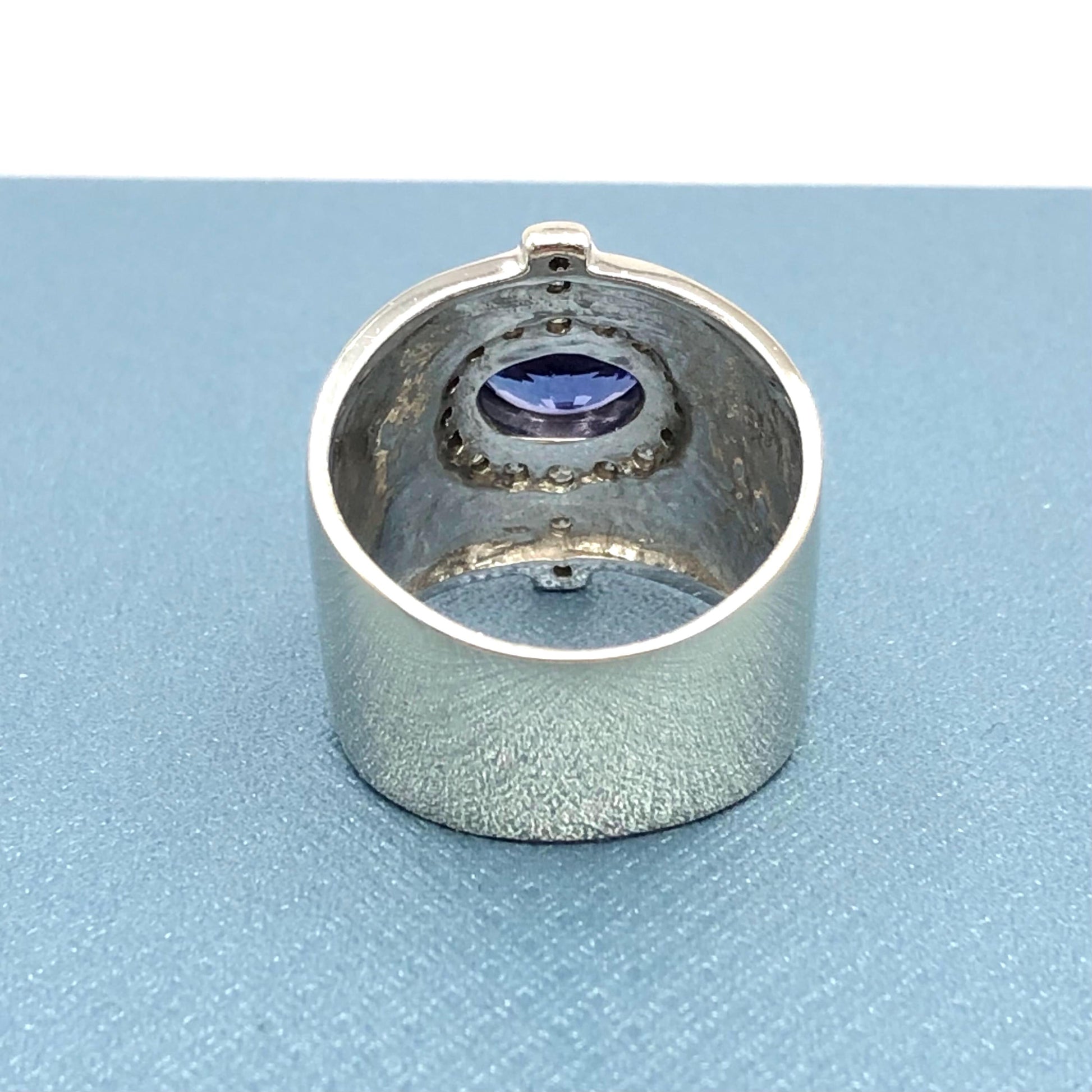 Vintage 14k White Gold Tanzanite and Diamond Cigar Band Ring, Wide Everyday Purple Stone Ring, Size 6