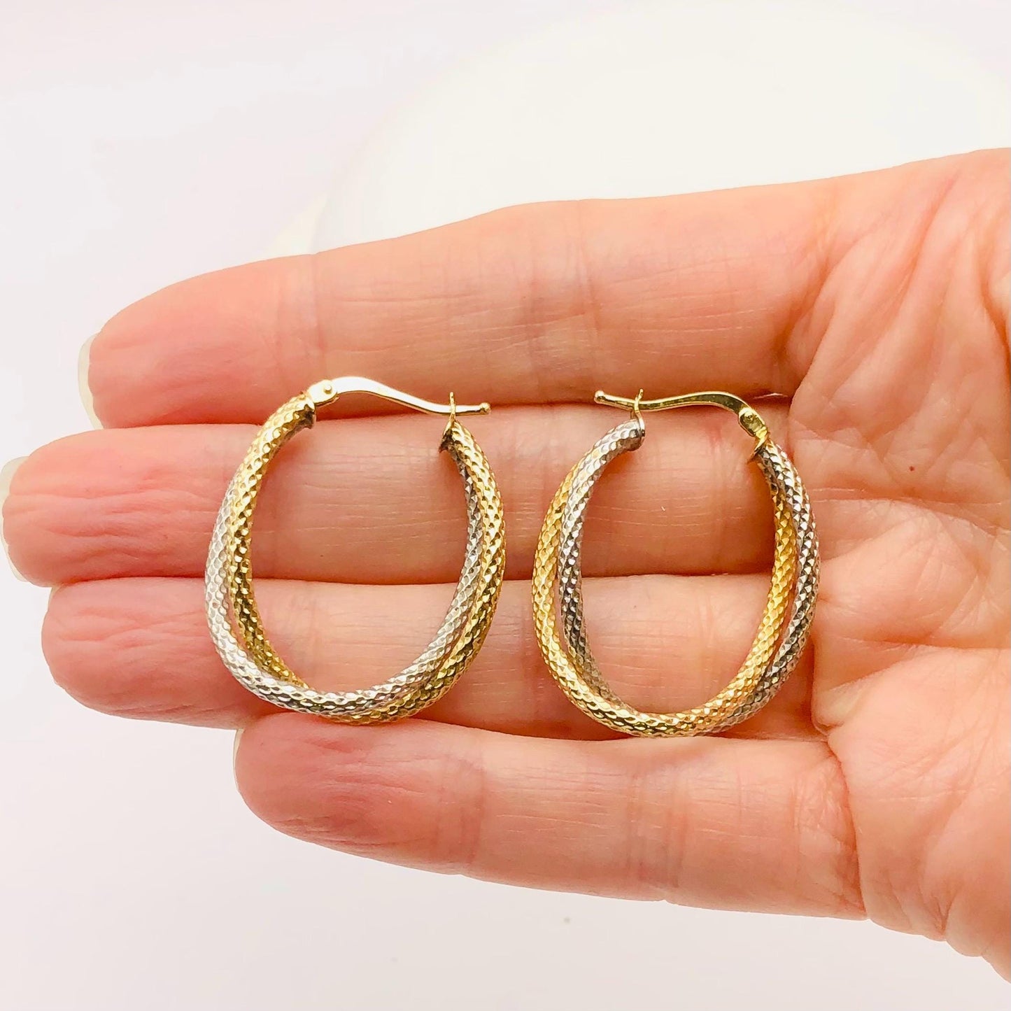 14k Gold Double Hoop Earrings - Two Tone White and Yellow Oval Shaped - Vintage Fine Jewelry