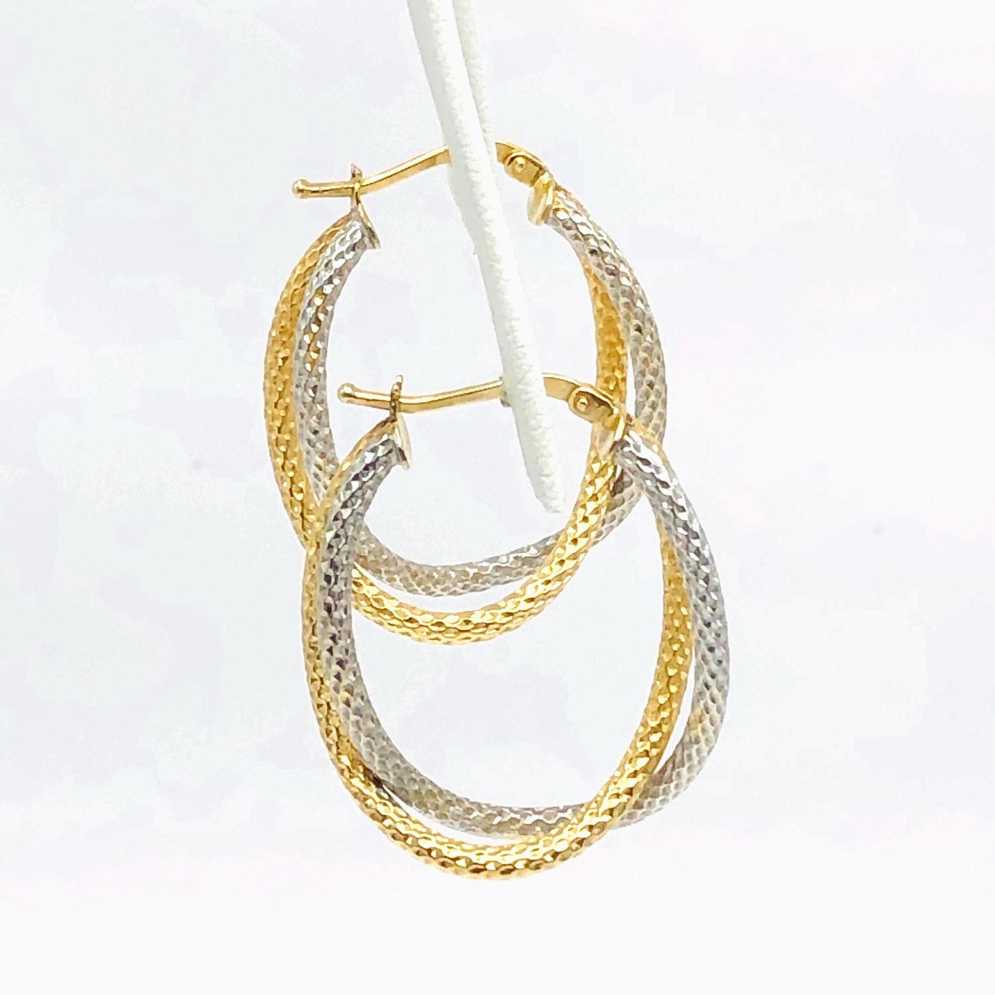 14k Gold Double Hoop Earrings - Two Tone White and Yellow Oval Shaped - Vintage Fine Jewelry