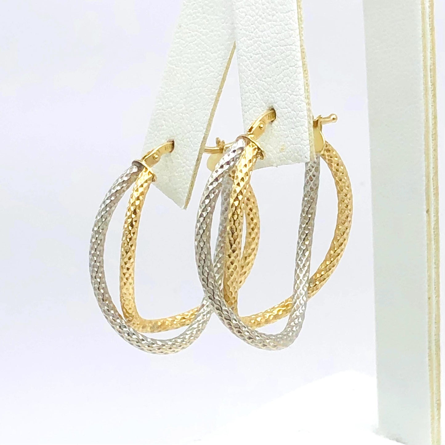 14k Gold Double Hoop Earrings - Two Tone White and Yellow Oval Shaped - Vintage Fine Jewelry