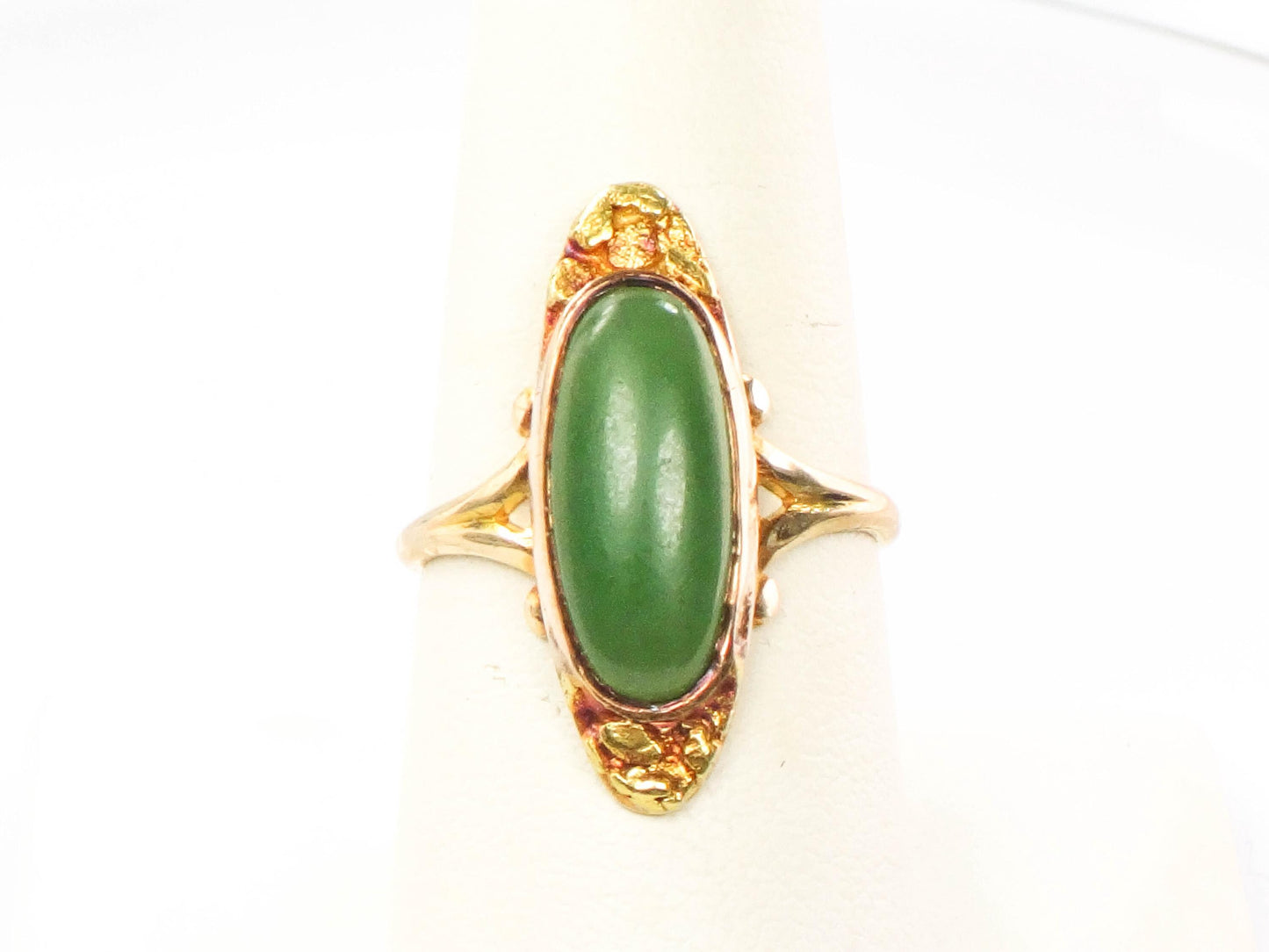 Vintage 10k & 24k Gold Oval Green Glass and Genuine Gold Nugget Ring, Jade Look Everyday Ring, Size 8.25