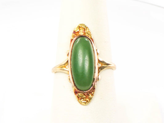 Vintage 10k & 24k Gold Oval Green Glass and Genuine Gold Nugget Ring, Jade Look Everyday Ring, Size 8.25