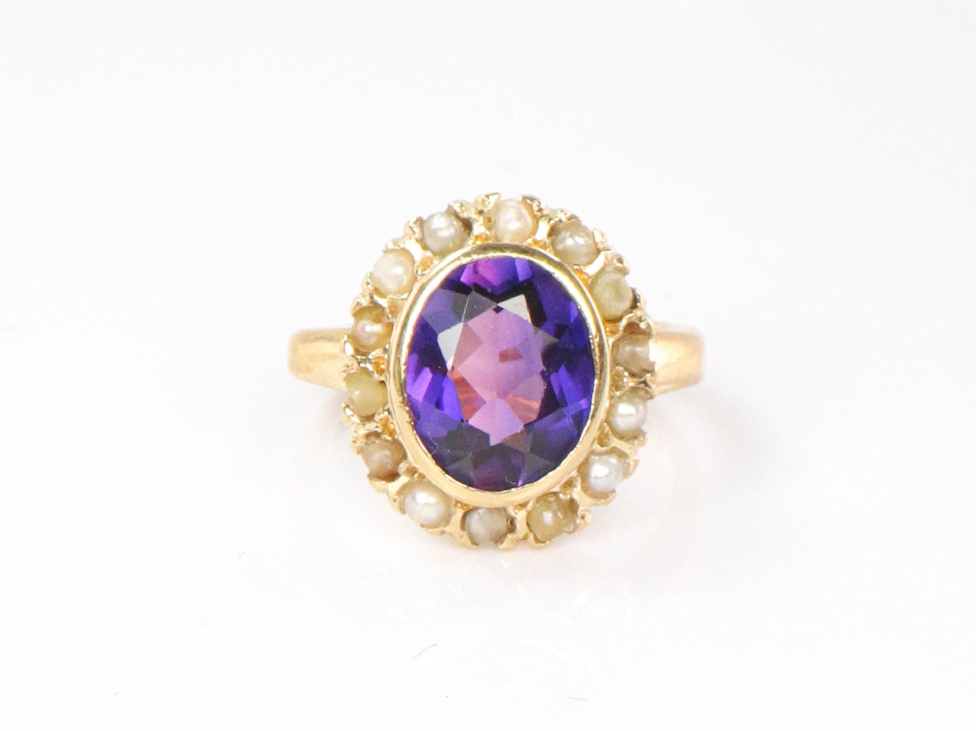 Vintage 14k Yellow Gold Purple Sapphire and Pearl Halo Ring Size 4.5
