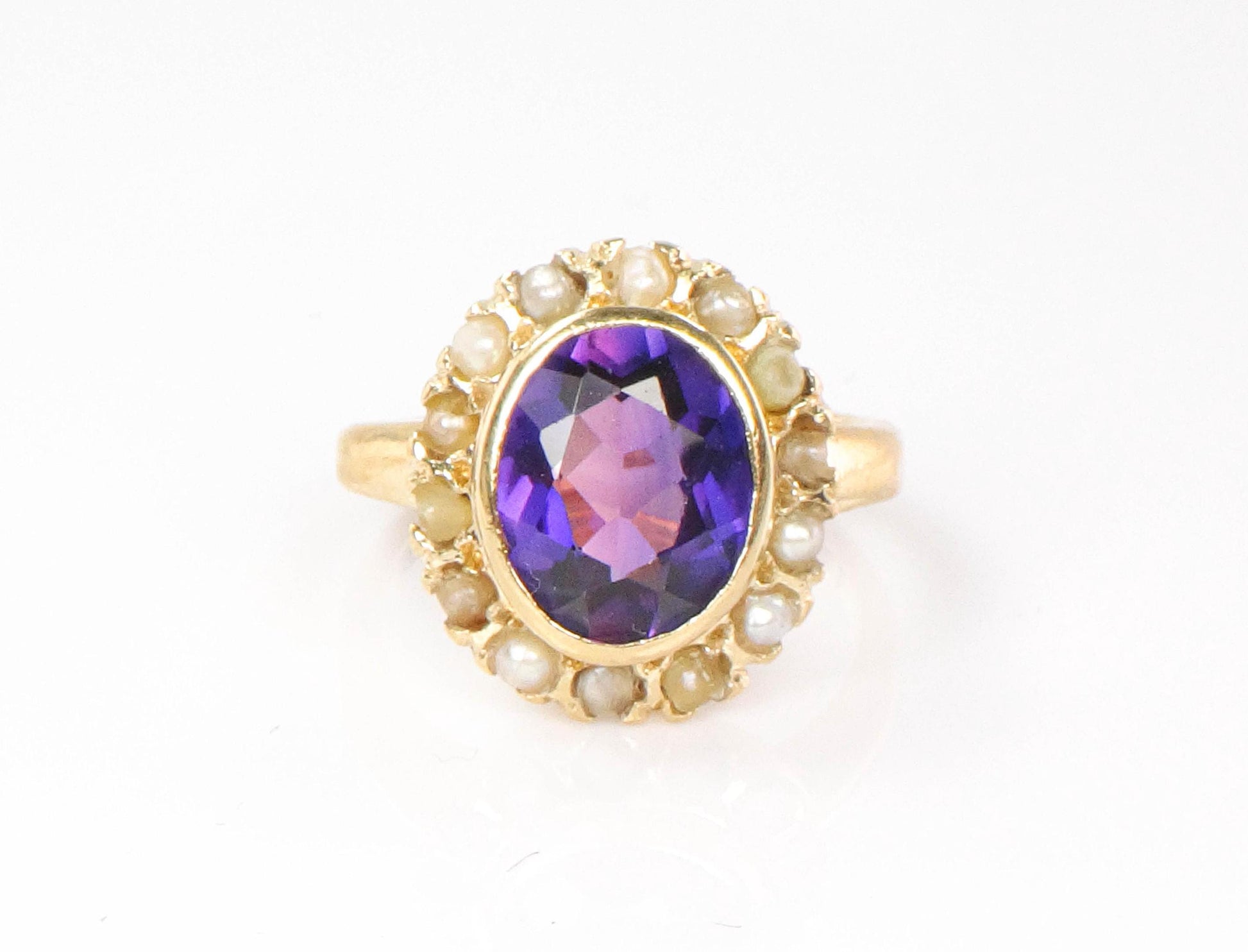 Vintage 14k Yellow Gold Purple Sapphire and Pearl Halo Ring Size 4.5