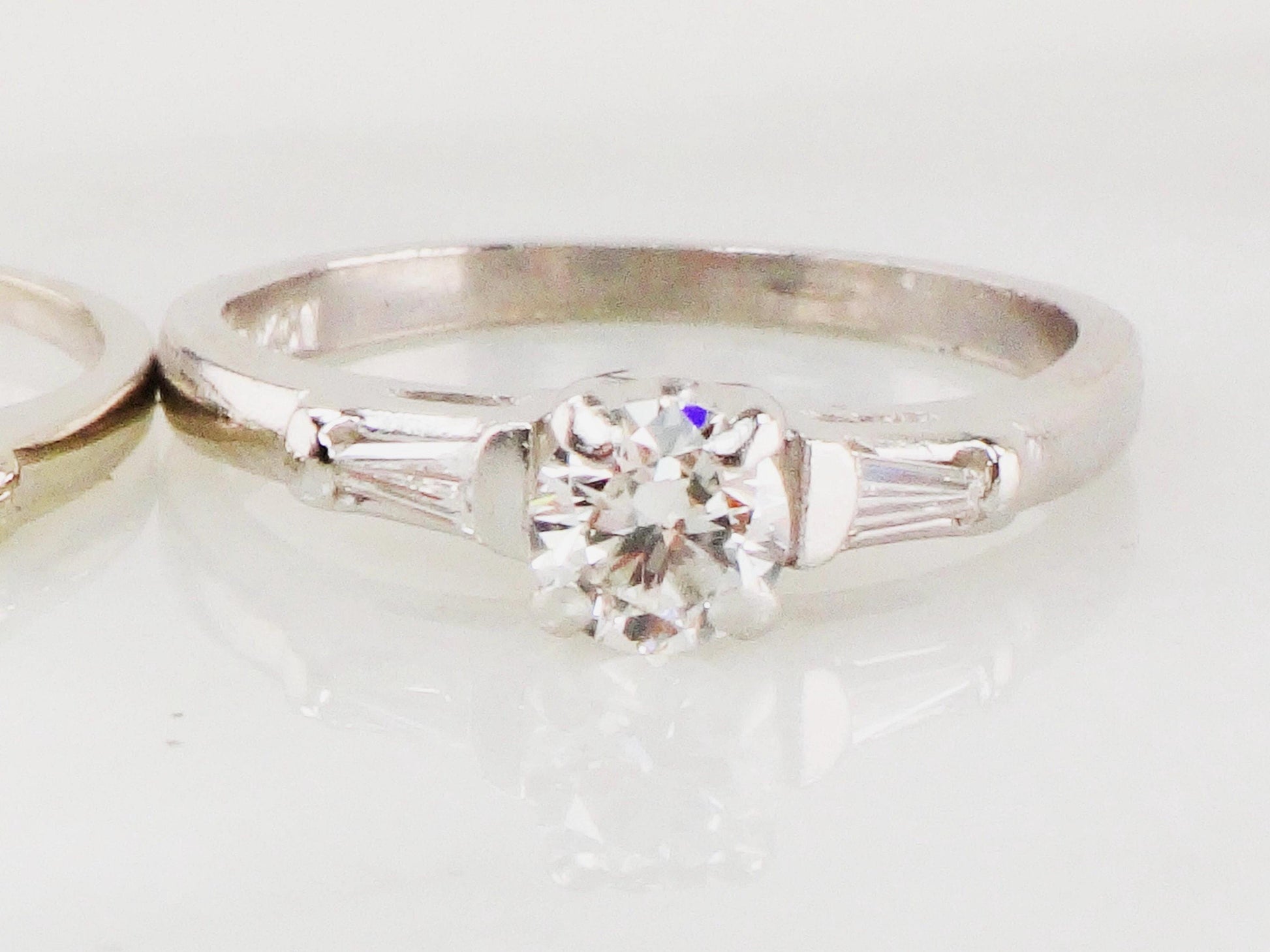 Vintage Diamond Wedding Ring Set: Platinum Engagement Ring, 14k Gold Band