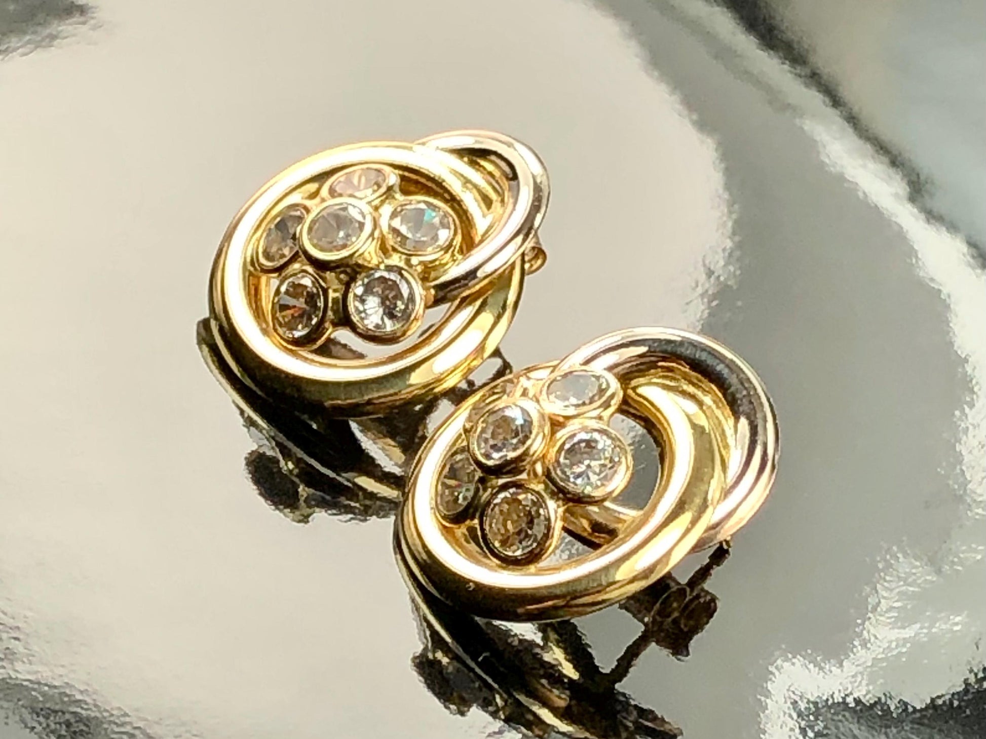 Vintage 18k Two Tone Gold Cubic Zirconia Stud Earrings, Large Floral CZ Studs