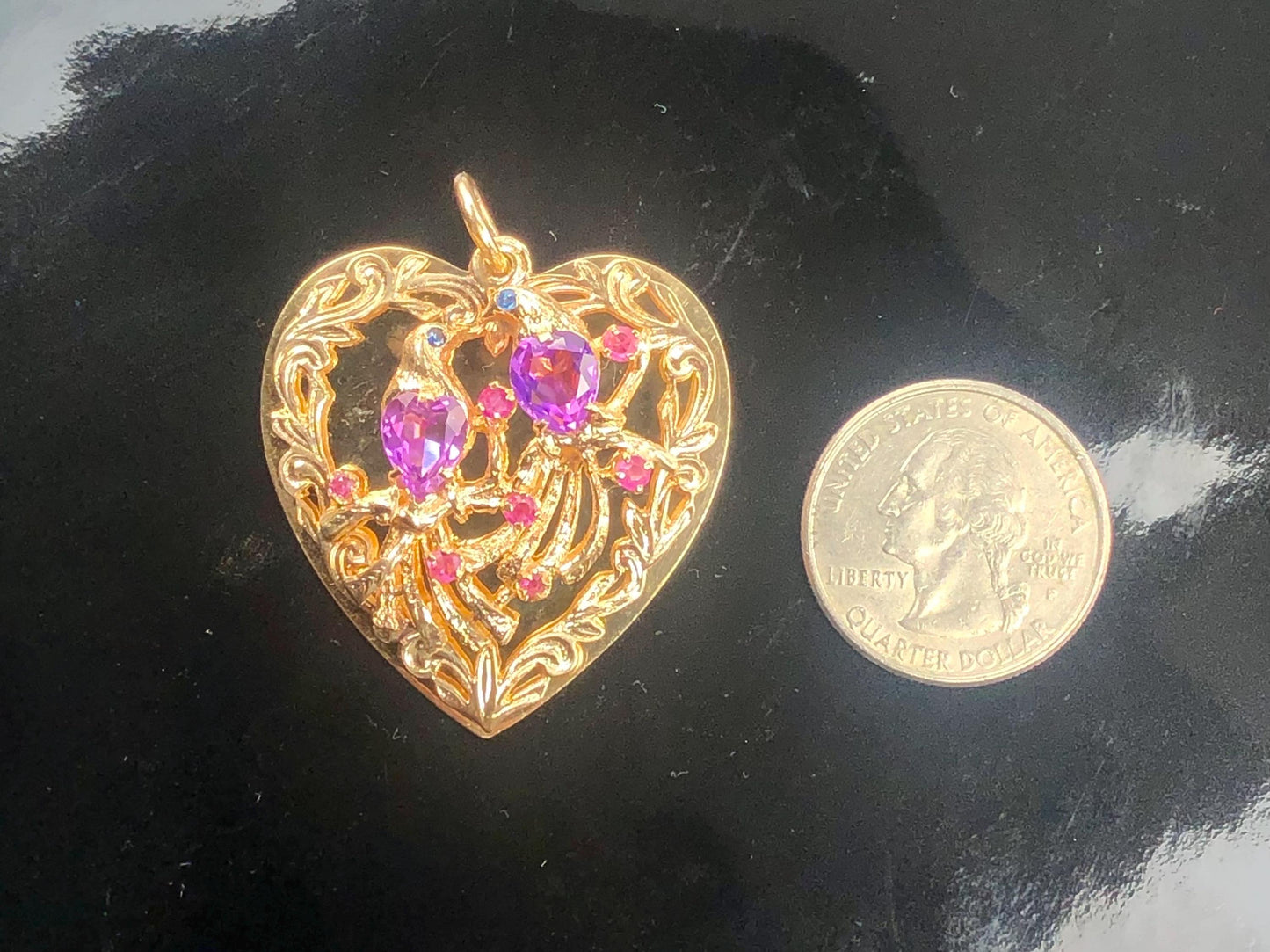 Vintage Large 14k Gold Jeweled Love Birds Heart Pendant with Purple Sapphires and Rubies, 3-D Charm