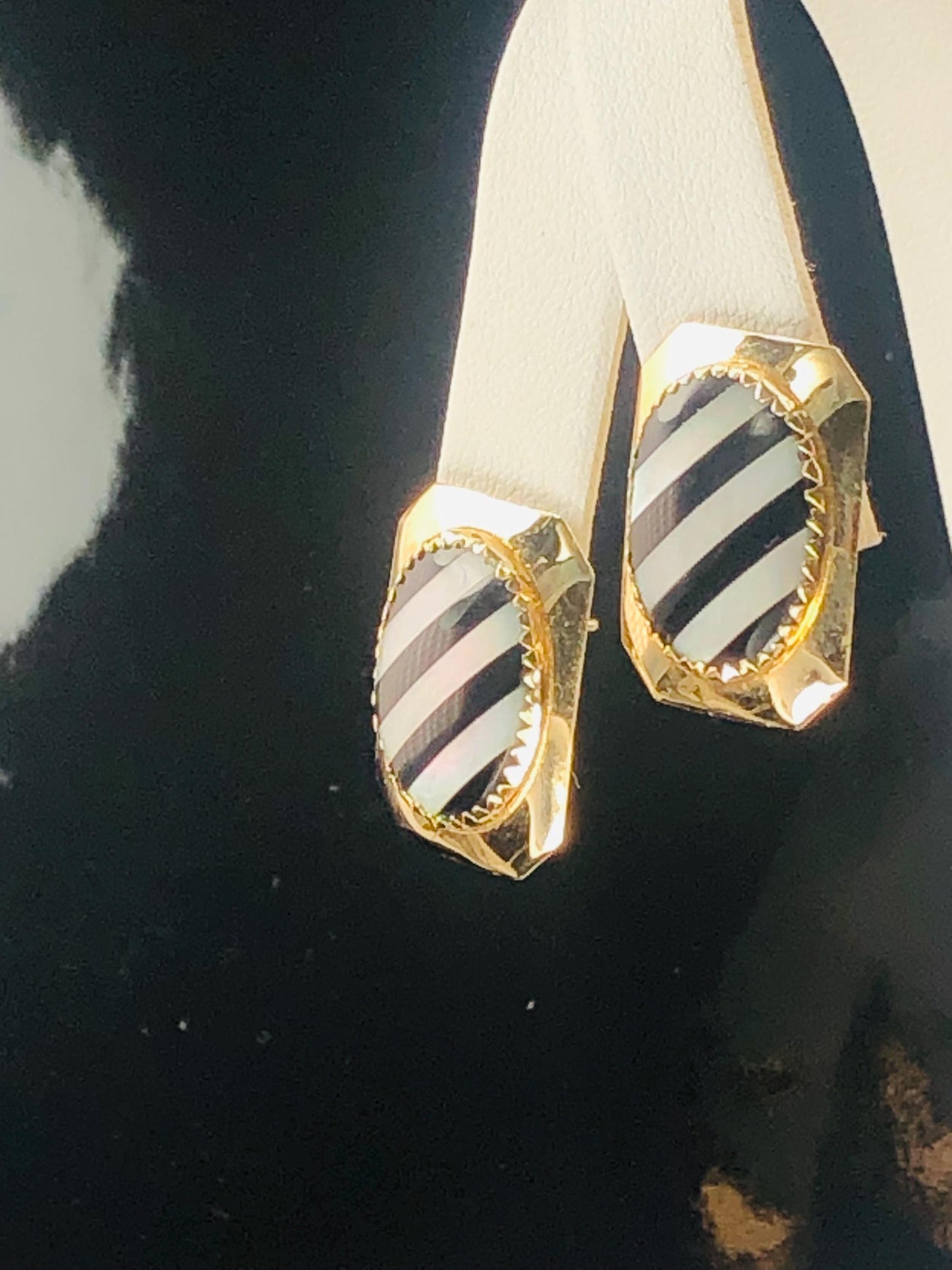 Vintage 14k Yellow Gold Black Onyx and Mother of Pearl Stud Earrings, Striped Octagon Shaped Studs