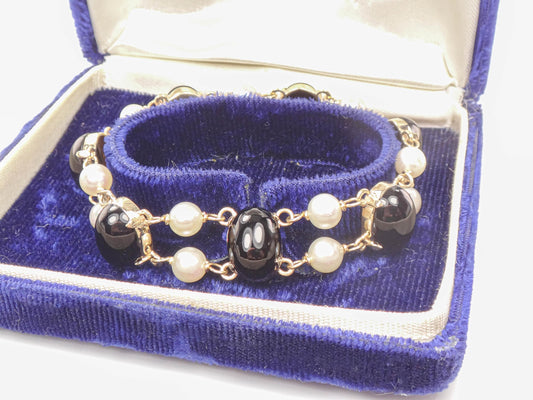 Vintage 14k Gold Pearl & Black Onyx Bracelet: Bridal Jewelry, 7", 6.5 MM