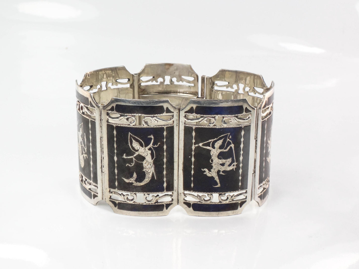 Vintage Siam Sterling Bracelet Heavy 61 Grams Siam Silver Goddess and Mermaid Princess Bracelet Wide Nielloware Thailand Siam Bracelet 7"