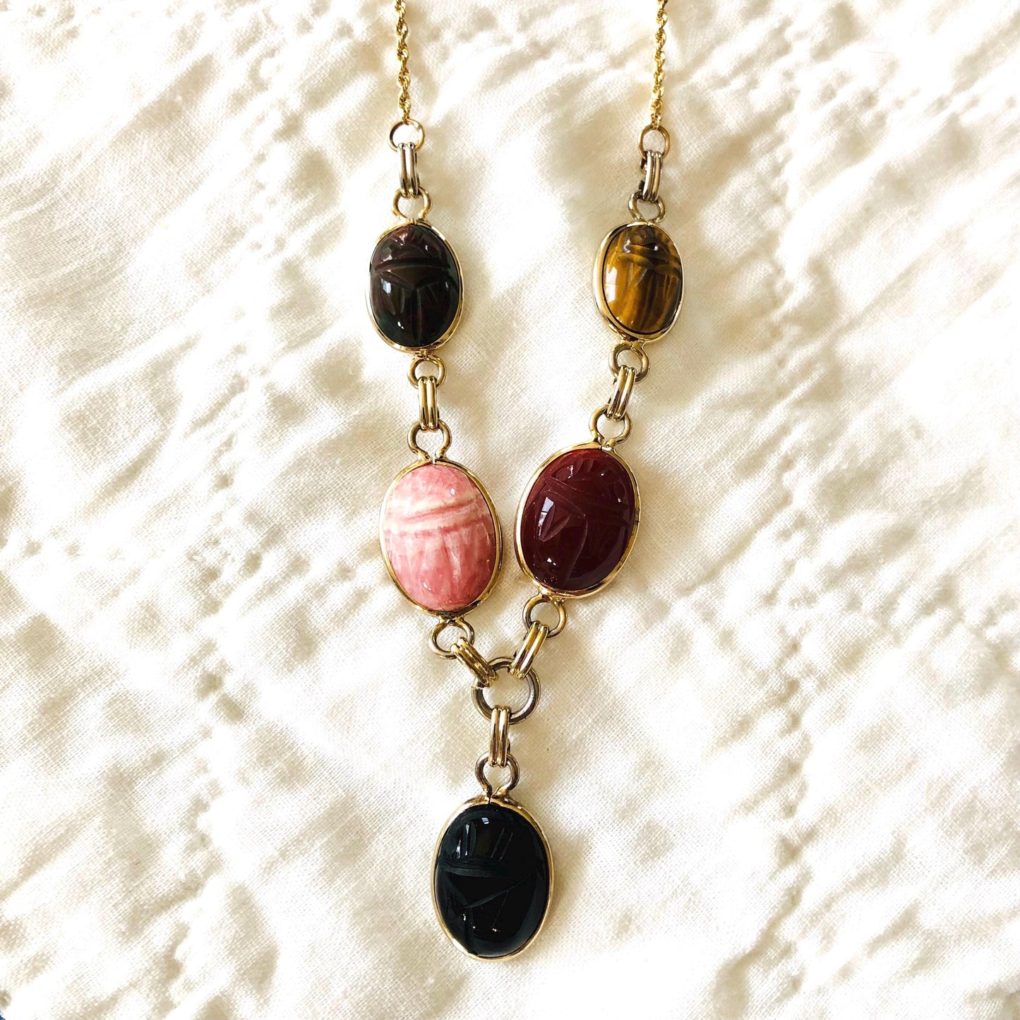 Vintage 14k and Gold Filled Scarab Necklace Bracelet Conversion Necklace with Tiger Eye & Quartz - Carved Stone Necklace 21"