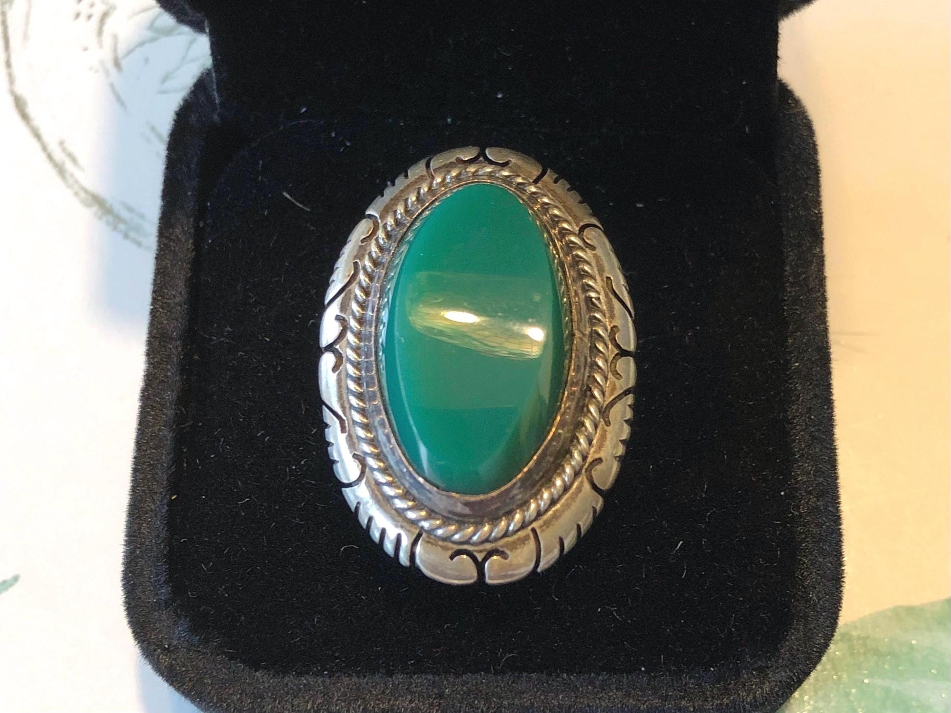 Vintage Sterling Silver Green Glass Ring - Mexico Size 7