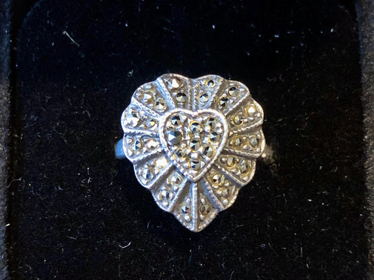 Vintage Sterling Silver Marcasite Heart Ring, Size 5.75