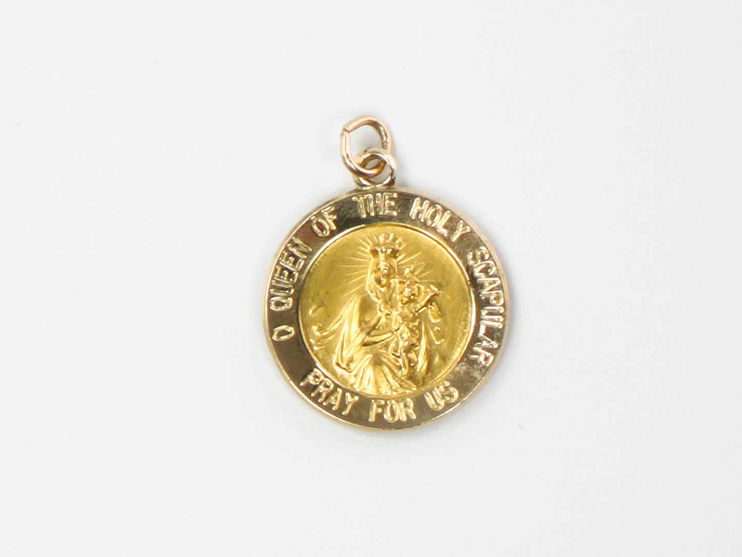 Vintage Small 14k Gold Queen of the Holy Scapular Pray for Us Medal with Sacred Heart of Jesus on the Back, Catholic Religious Pendant