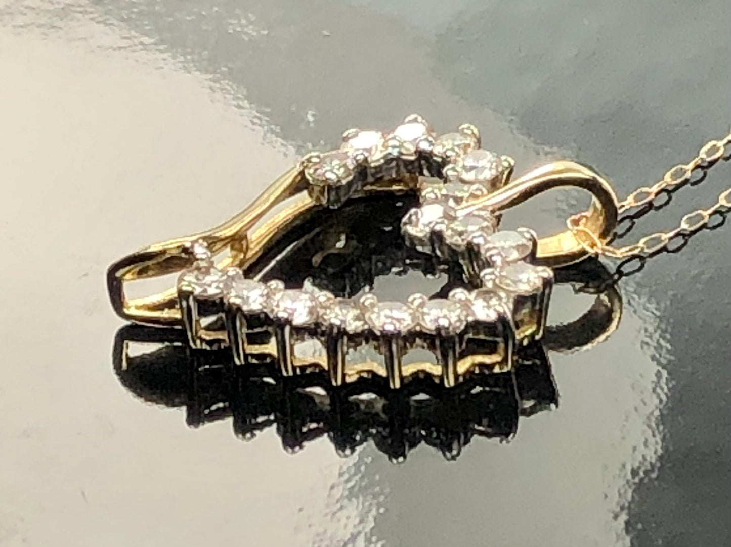 Vintage Solid Yellow Gold Diamond Open Heart Pendant Necklace 1.0 CT TDW 20"