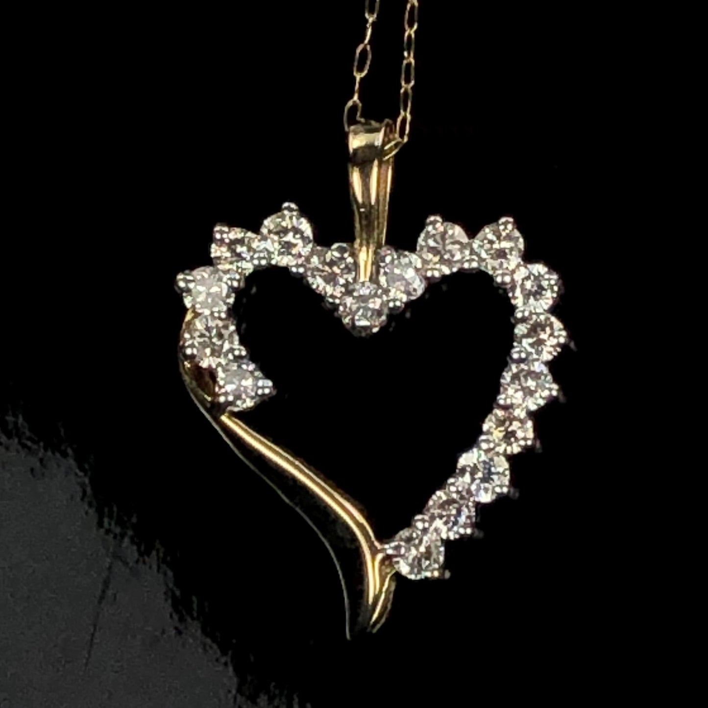 Vintage Solid Yellow Gold Diamond Open Heart Pendant Necklace 1.0 CT TDW 20"