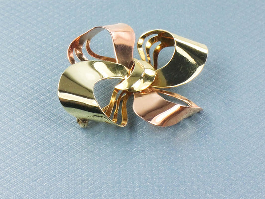 Vintage 14k Yellow & Rose Gold Bow Brooch - Retro 1950s Pin