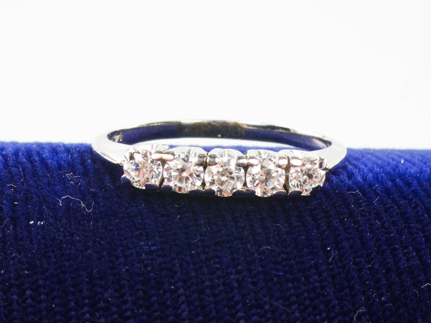Vintage 14k White Gold Cubic Zirconia Wedding Band Five Stone Wedding Ring Stacking Ring Size 8