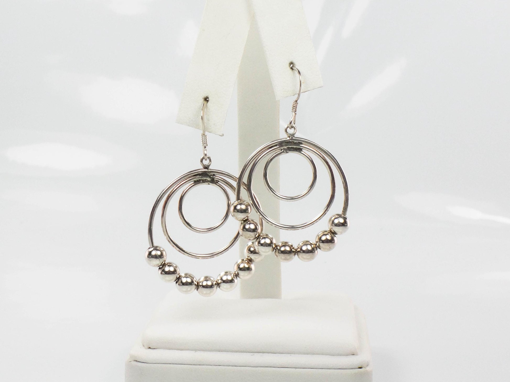 Vintage Sterling Silver Beaded Triple Hoop Dangle Earrings