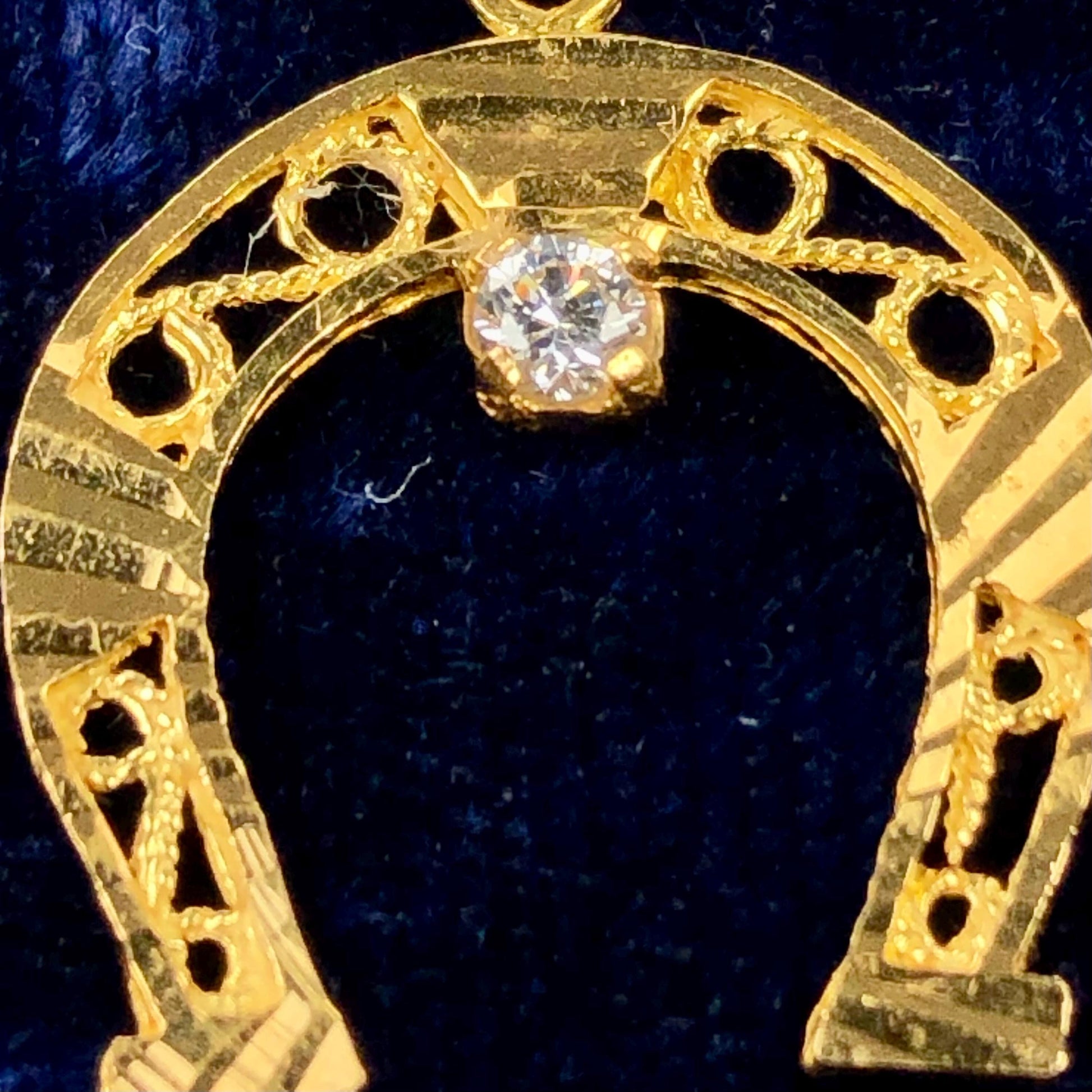 Vintage Solid 21k Yellow Gold Cubic Zirconia Horse Shoe Pendant, Good Luck Charm