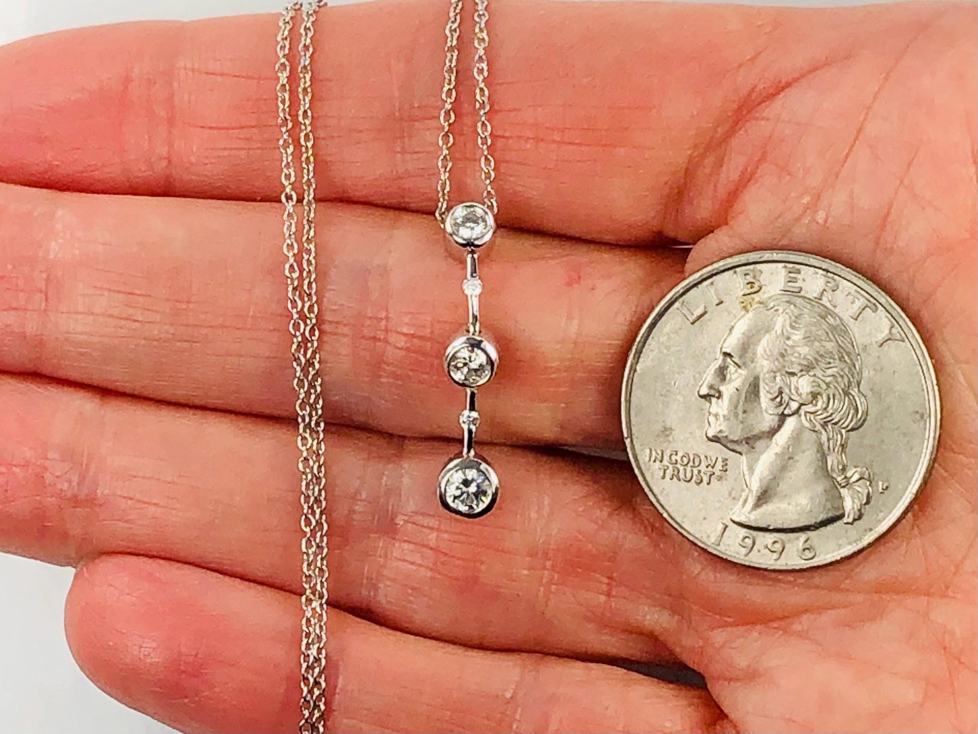 Vintage Carelle 18k White Gold Three Diamond Drop Necklace Approx. 1/2 Carat 16"