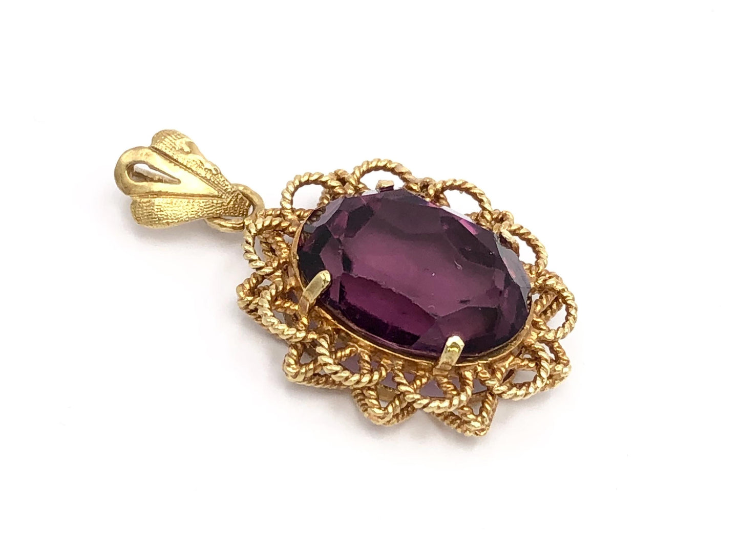 Vintage 18k Yellow Gold Oval Purple Glass Pendant, Mid-Century Floral Pendant