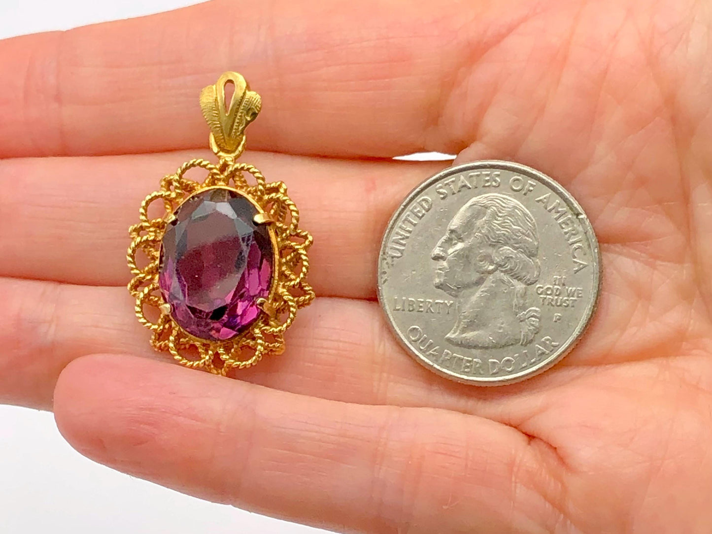 Vintage 18k Yellow Gold Oval Purple Glass Pendant, Mid-Century Floral Pendant