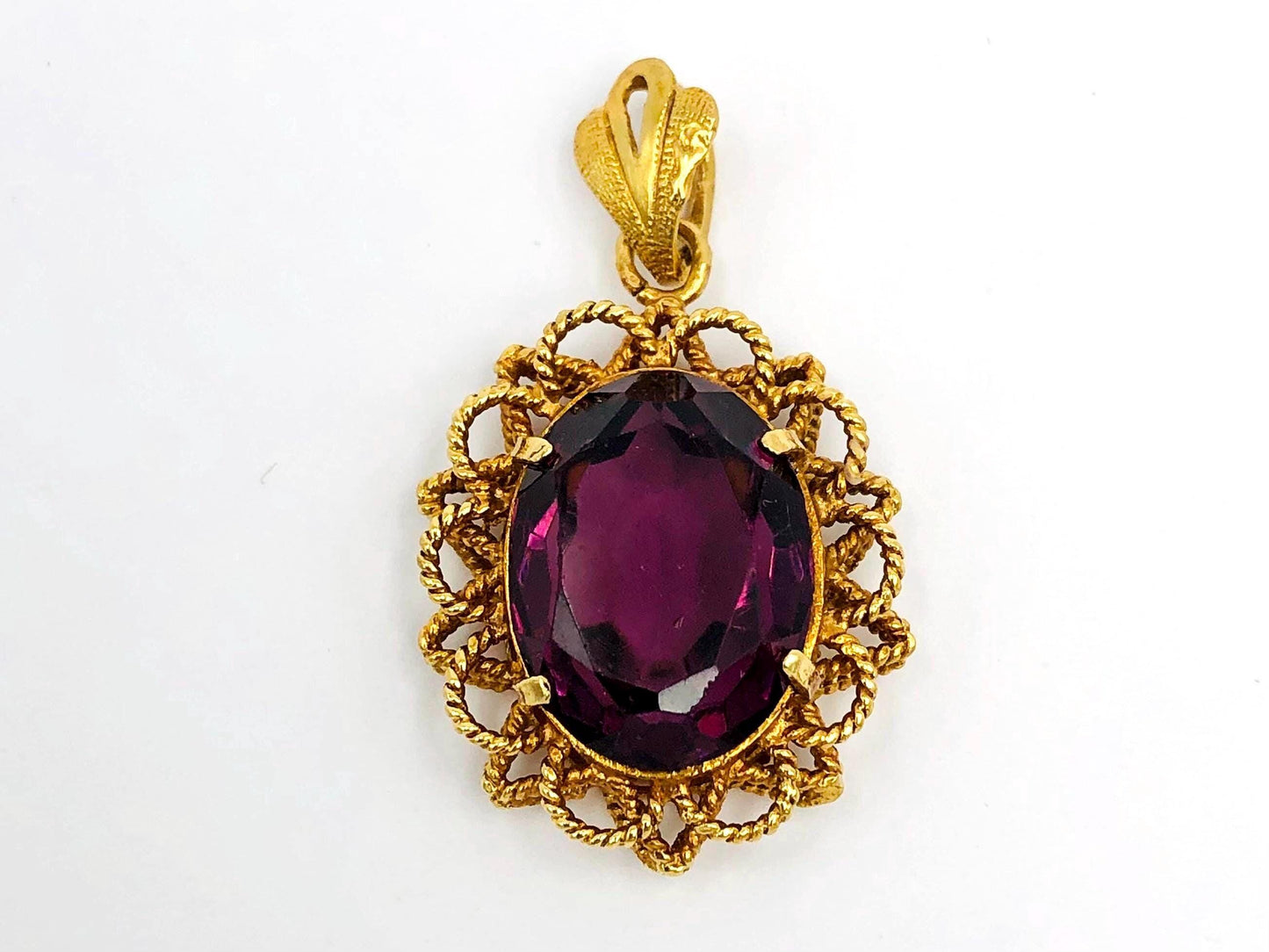 Vintage 18k Yellow Gold Oval Purple Glass Pendant, Mid-Century Floral Pendant