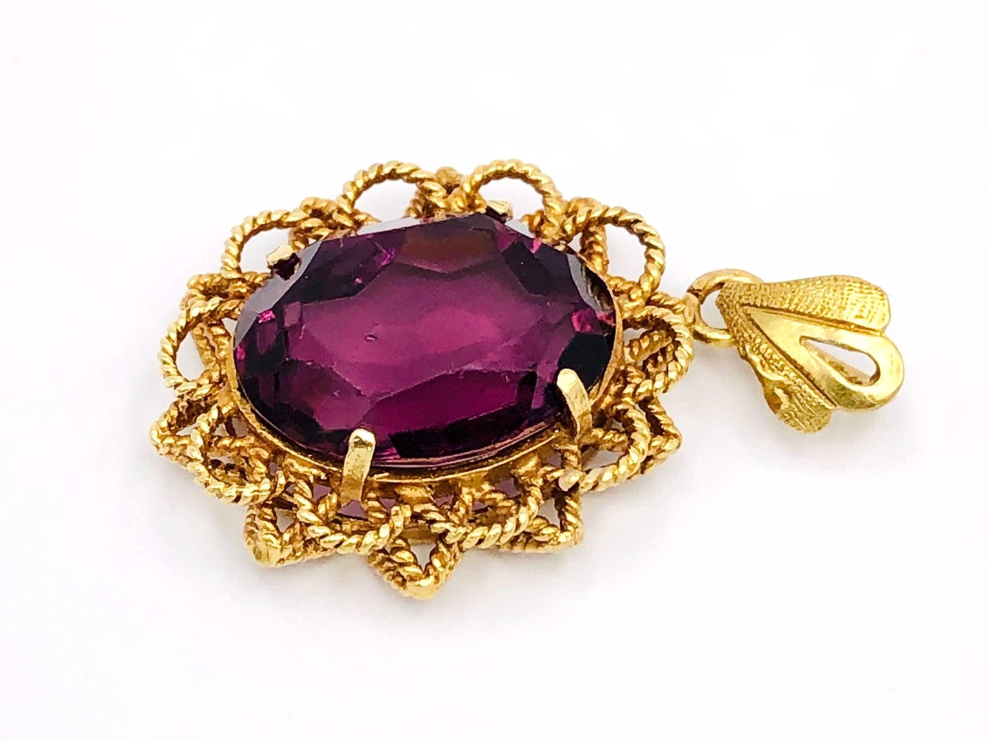 Vintage 18k Yellow Gold Oval Purple Glass Pendant, Mid-Century Floral Pendant