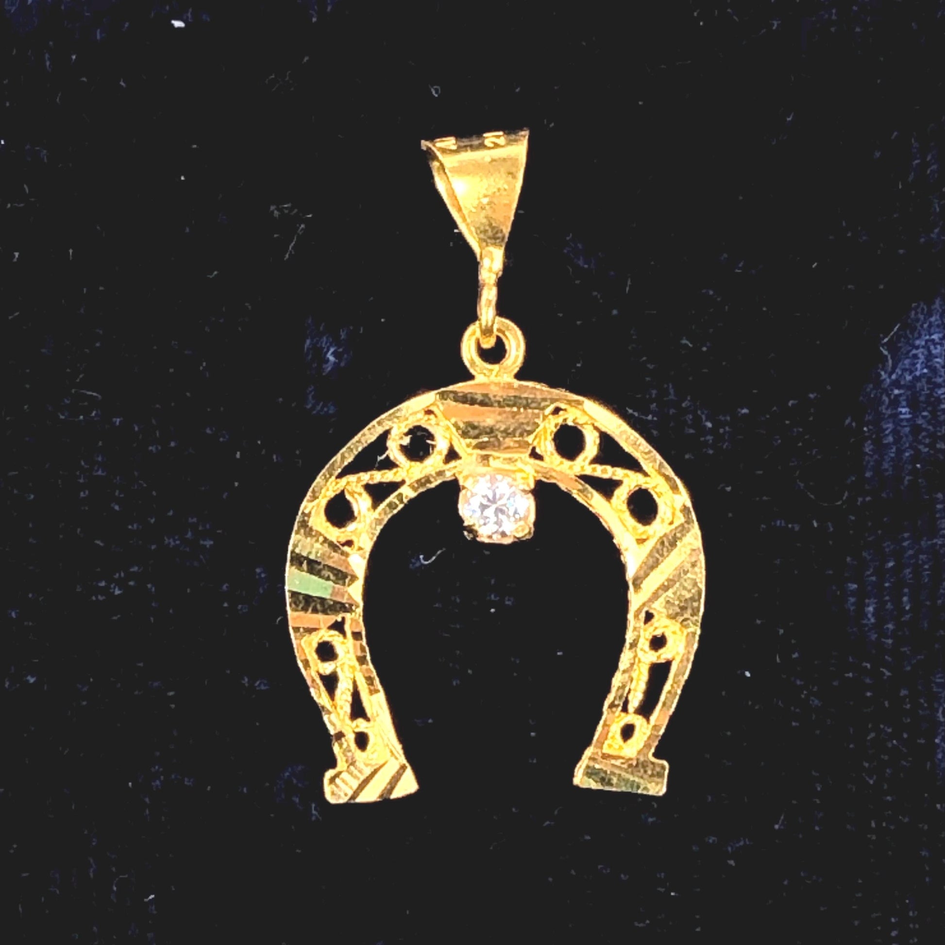 Vintage Solid 21k Yellow Gold Cubic Zirconia Horse Shoe Pendant, Good Luck Charm