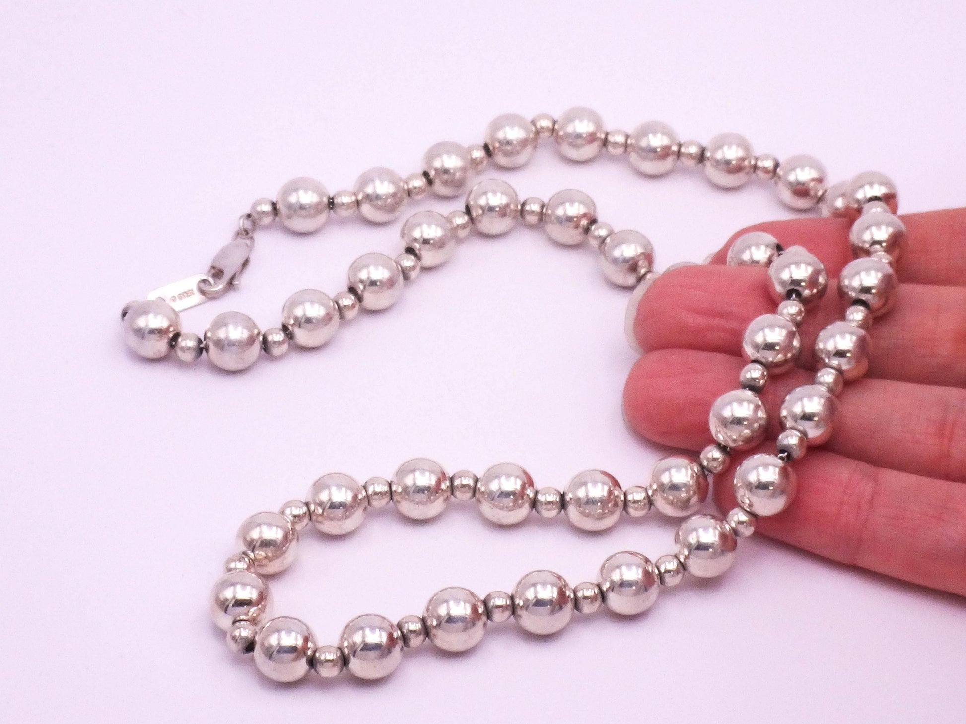 Vintage Sterling Silver Bead Necklace - 8mm Ball Chain, 20"