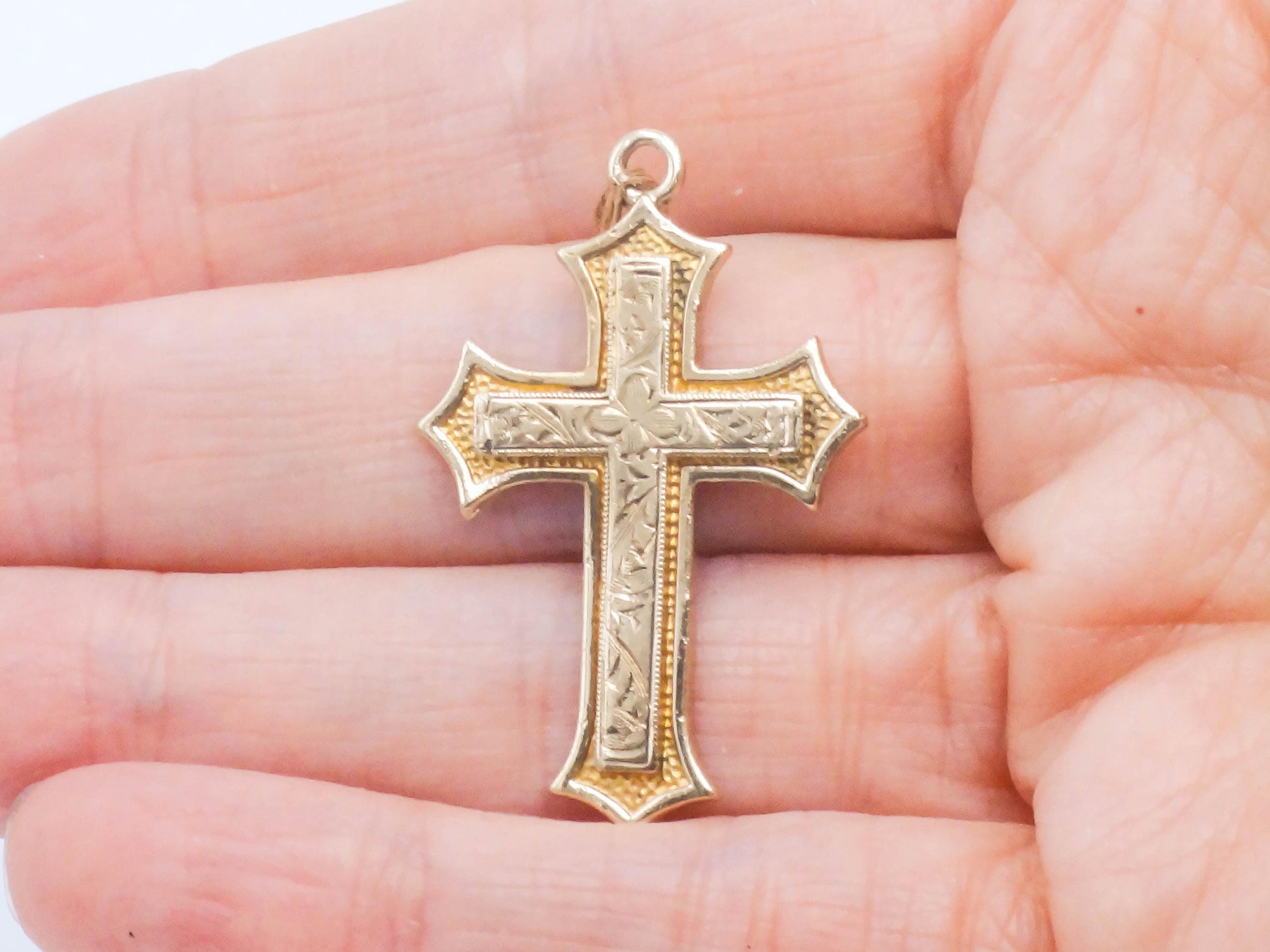 Vintage 14k Gold Engraved Cross - Esemco Ornate Fleury Style Cross