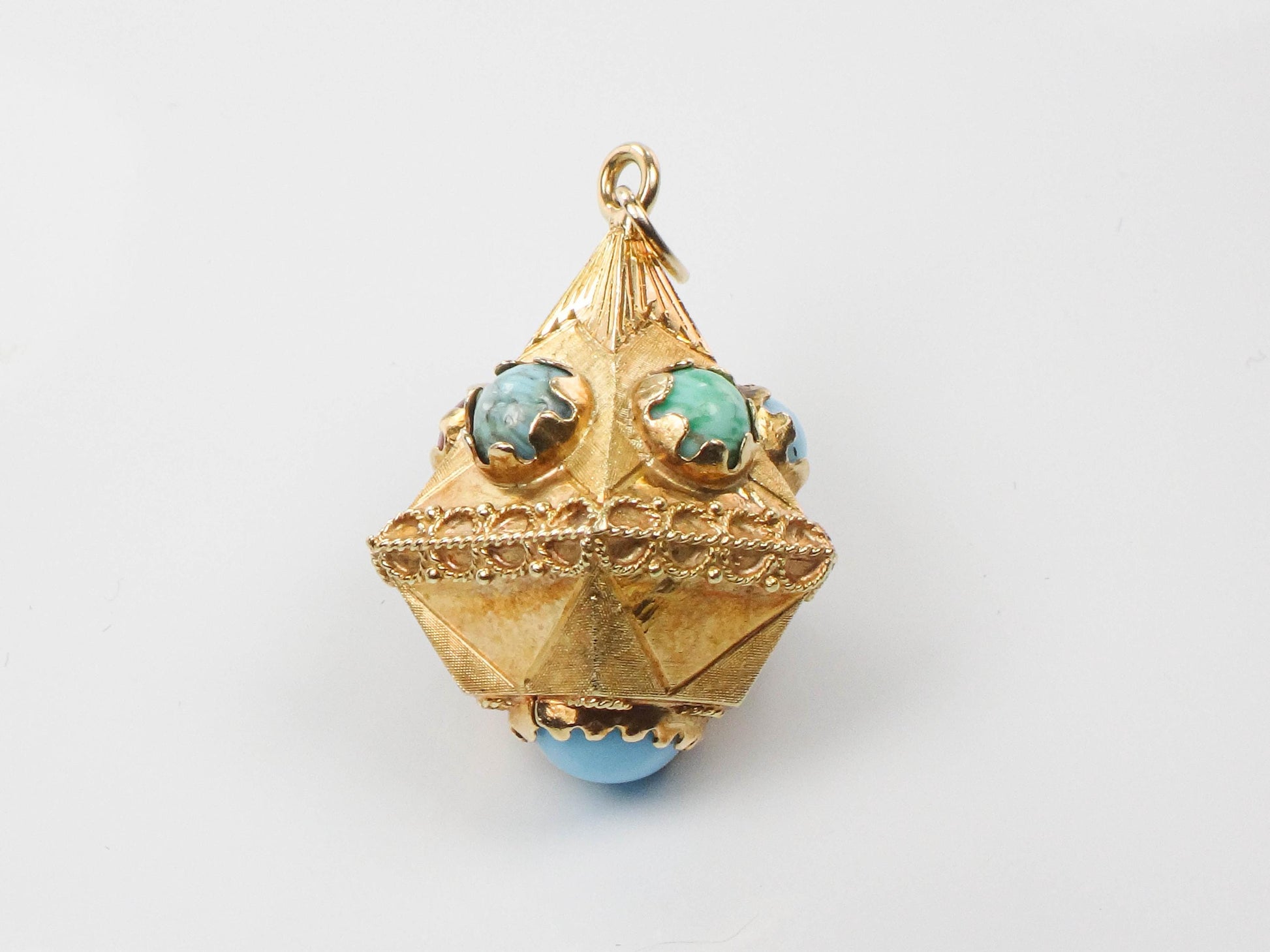 Vintage Large 18k Gold Turquoise and Colored Gemstone Charm Pendant, Italian Etruscan Revival Charm