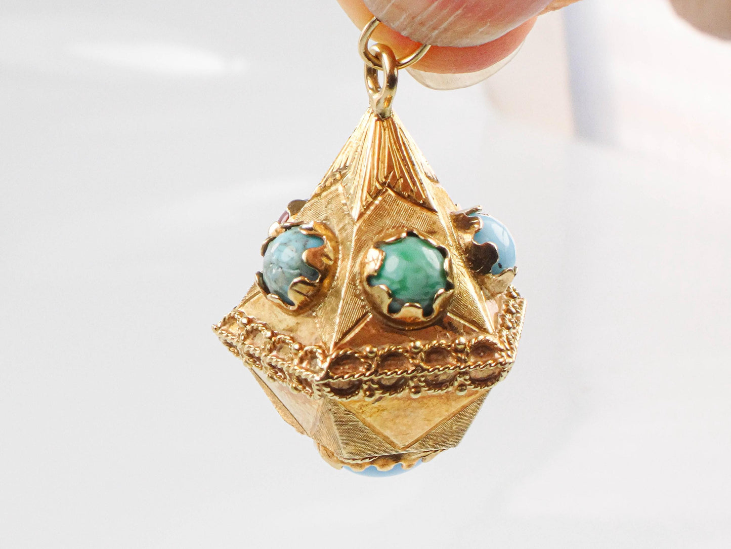 Vintage Large 18k Gold Turquoise and Colored Gemstone Charm Pendant, Italian Etruscan Revival Charm