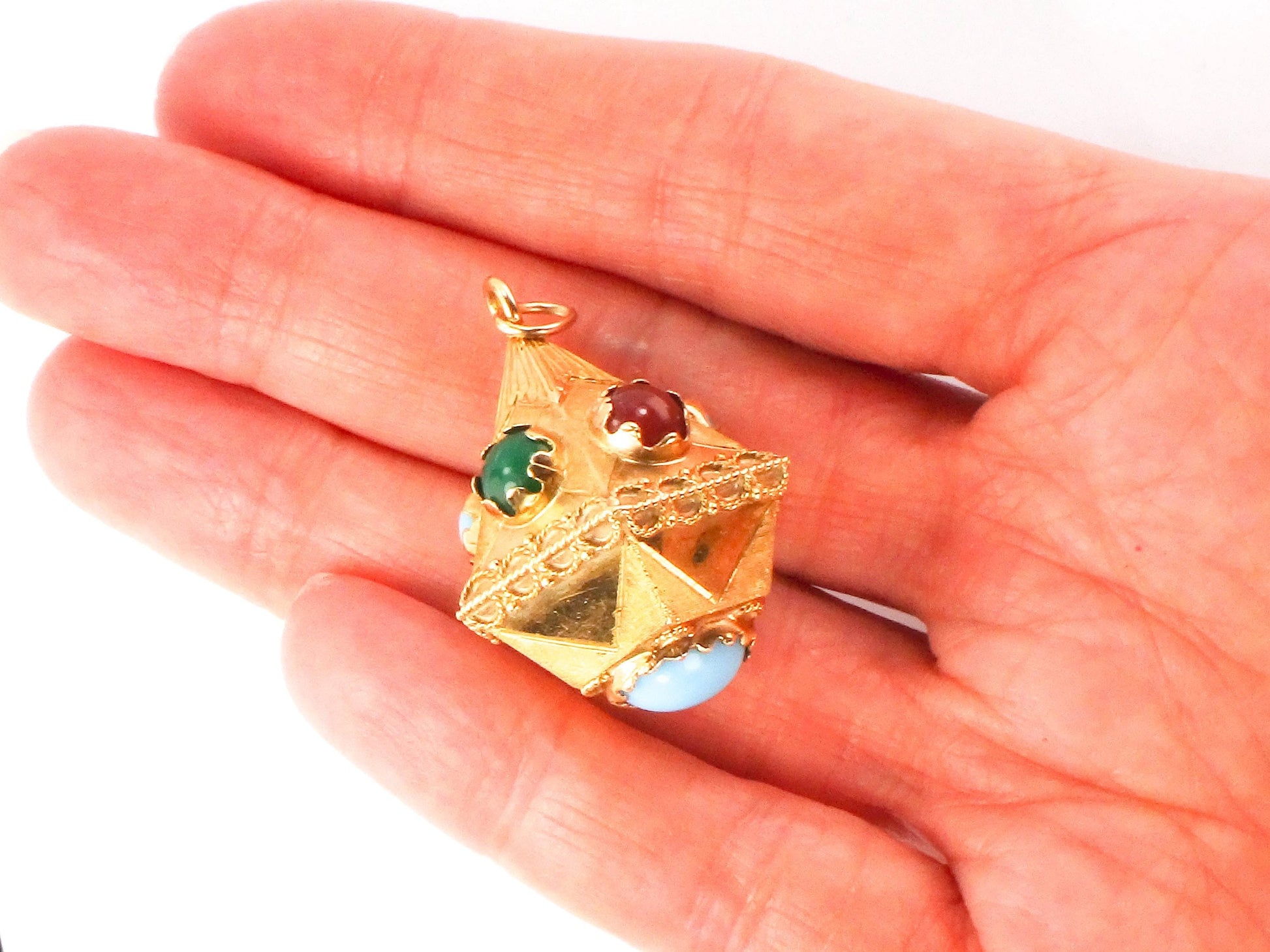 Vintage Large 18k Gold Turquoise and Colored Gemstone Charm Pendant, Italian Etruscan Revival Charm