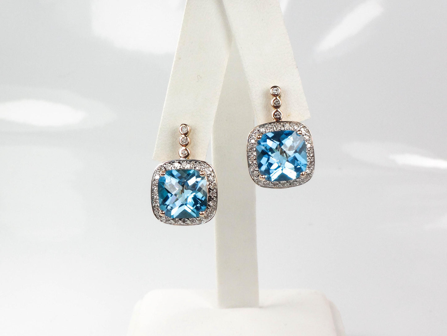 Vintage 14k Gold Blue Topaz and Diamond Halo Earrings with Omega Backs
