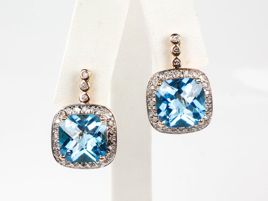 Vintage 14k Gold Blue Topaz and Diamond Halo Earrings with Omega Backs