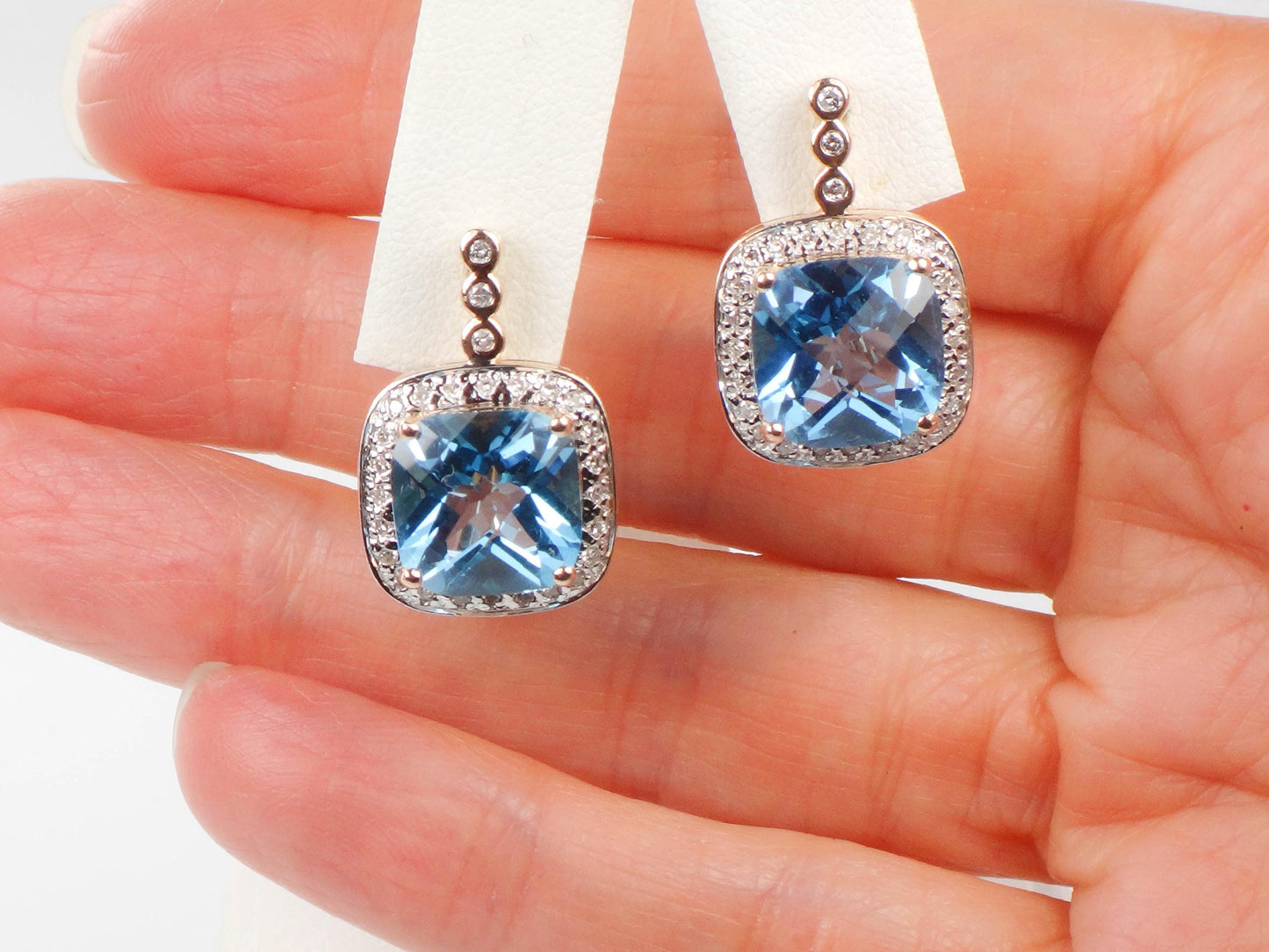 Vintage 14k Gold Blue Topaz and Diamond Halo Earrings with Omega Backs