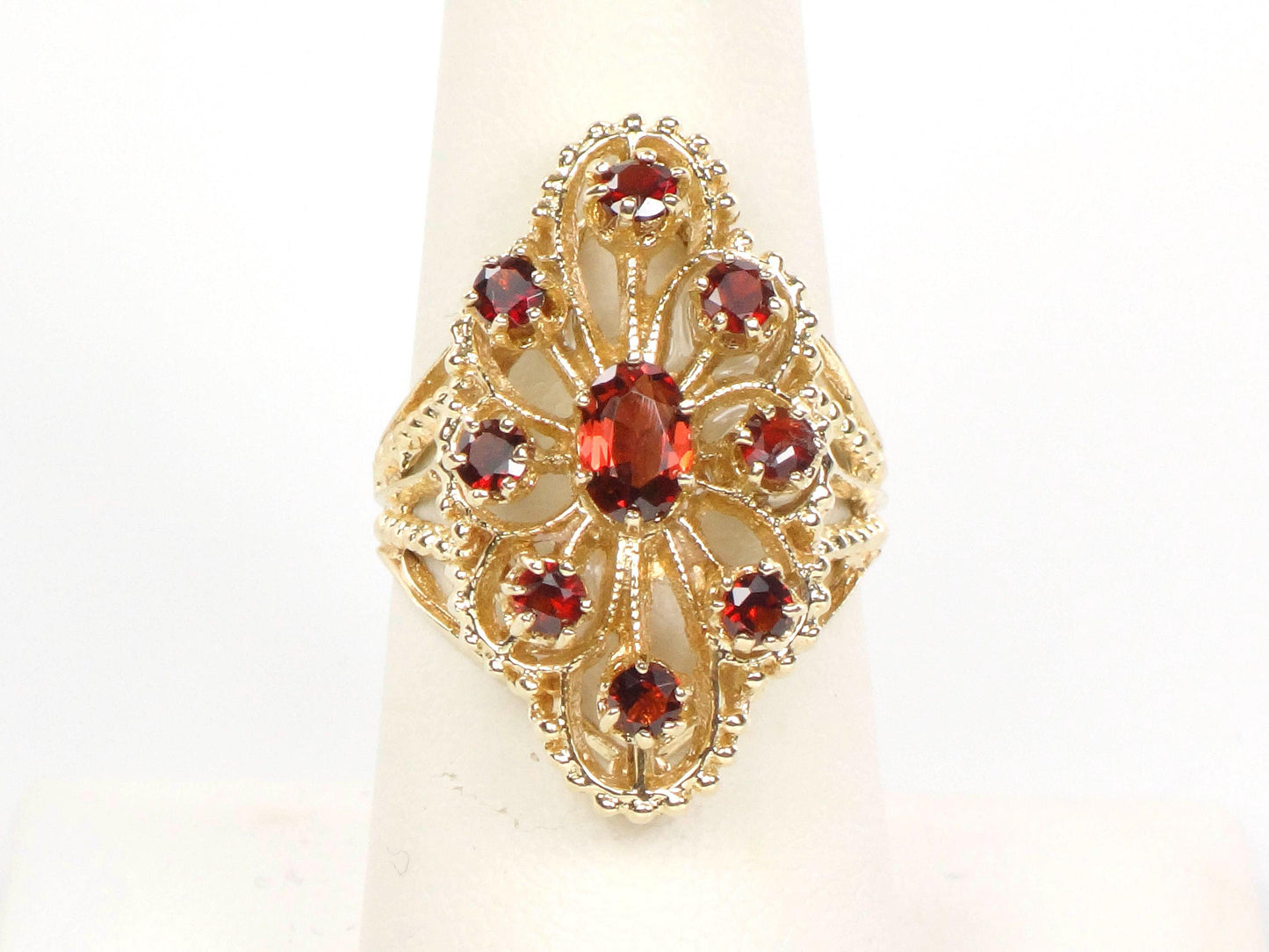 Vintage 14k Yellow Gold Large Garnet Cluster Ring - January Red Birthstone Ring - Size 7.25