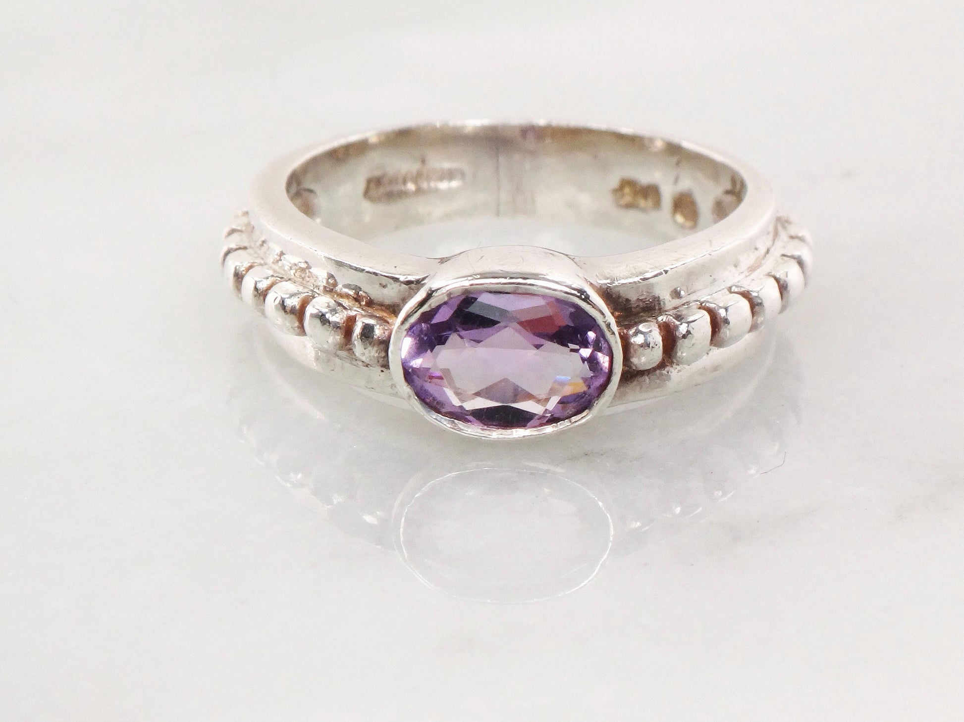 Vintage Sterling Silver Amethyst Ring - Sideways Oval Stone, Size 6