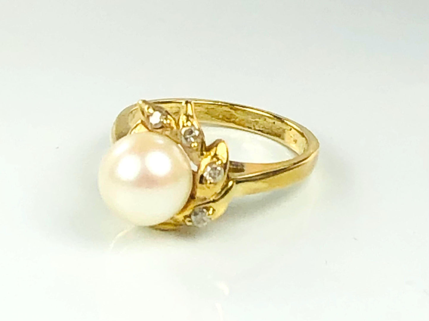 Vintage 14k Yellow Gold Cultured Pearl Diamond Ring Large 8 mm Pearl Ring - Bridal Ring - Size 6.25