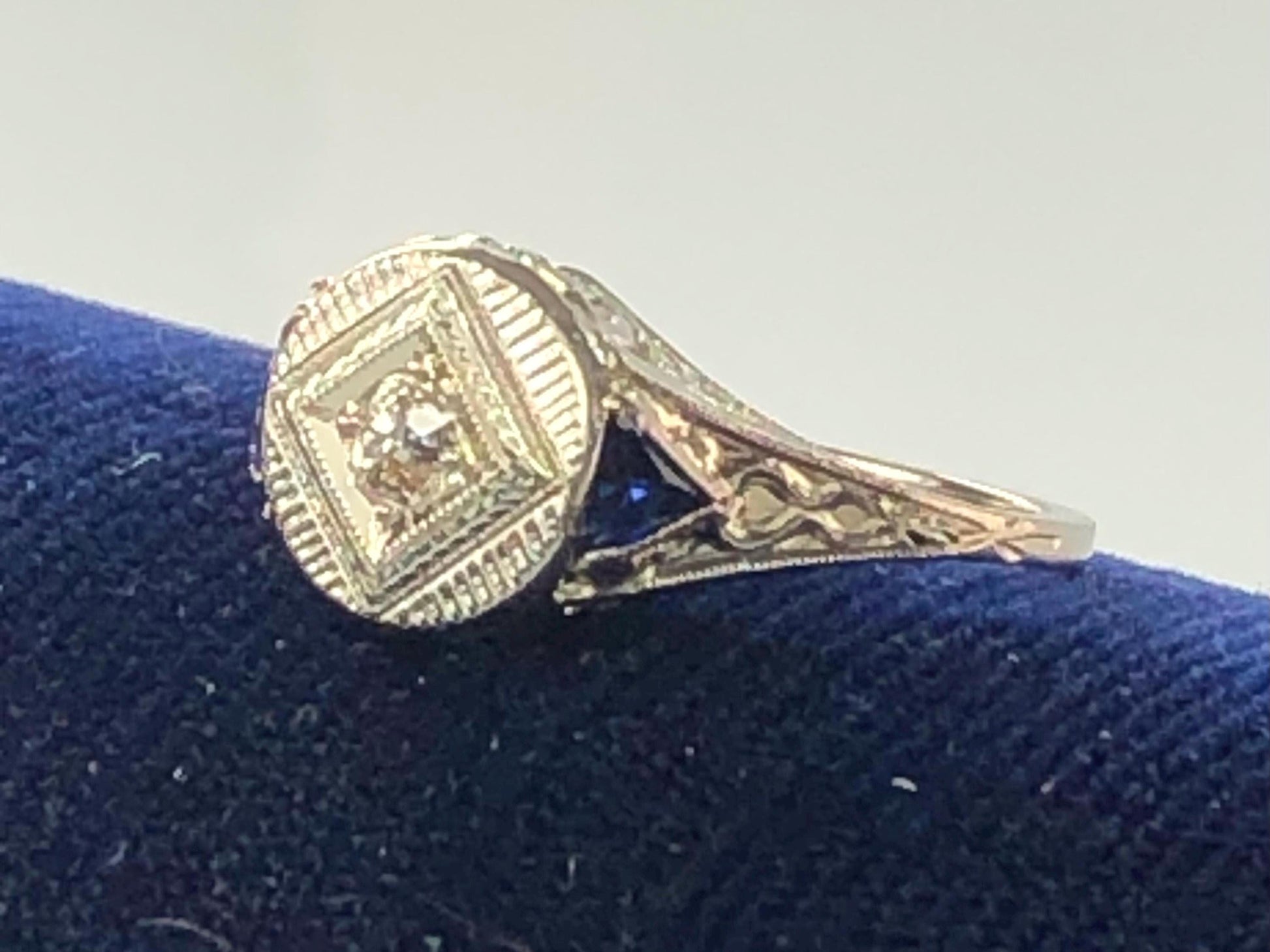 Vintage 18k White Gold Old Mine Cut Natural Diamond Engagement Ring with Sapphire Accents JR Wood Art Deco Filigree Bow Ring