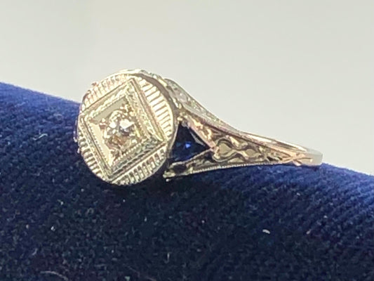 Vintage 18k White Gold Old Mine Cut Natural Diamond Engagement Ring with Sapphire Accents JR Wood Art Deco Filigree Bow Ring
